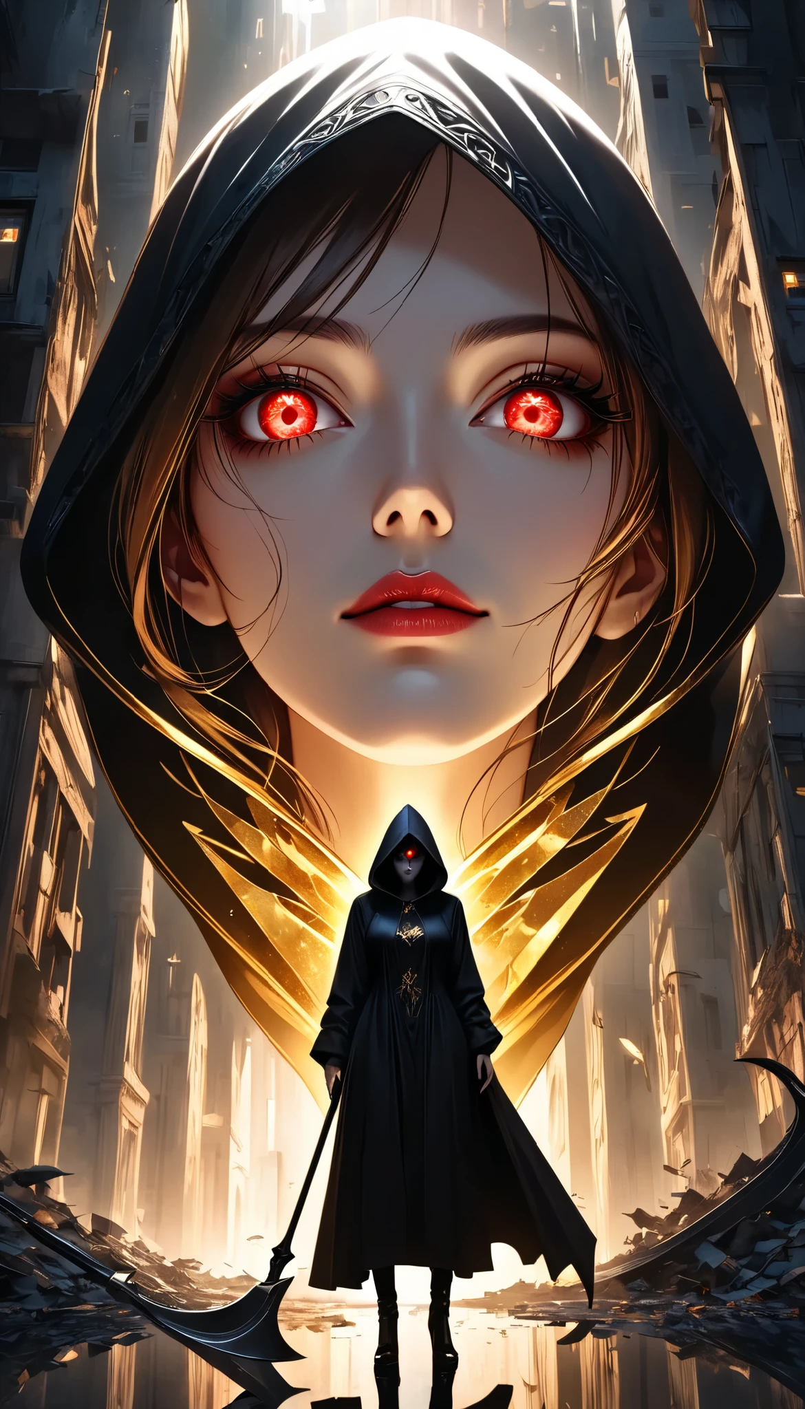 ((a woman with hollow eyes, Dynamic immersive portrait composition, from below:1.37), Alone, Detailed black robe, (beautiful detailed face, a seductive gaze that can be seen slightly through the hood,Clear red eyes, drop shadow on expression)),Weakness in contrast to, Slender Body, (A huge scythe held in your hand gives off a golden glow,Sharp metallic reflections,shining slash), Non-glossy Glitter Effects and Glossy Reflections, Multiple Exposure, break (luminescent layer that shines in transparent gold, assimilates into an abandoned city, The effect of connecting the subject and the demon world), The golden color of the dark that shines in the dark, takes you to the world of Yesen...
Precise and precise full body composition,from above,The perfect golden ratio, excellent balance between subject and margins, perfect beauty down to the smallest detail, Delicate and Vividly Expressed Subjects, sharp and clear line drawing, colorful textures full of realism, Extremely transparent, realistic texture, Finest workmanship,8K high resolution,photographer-style realistic finish,Professional Light and Shadow,brilliant and deep colors,dark gothic atmosphere,