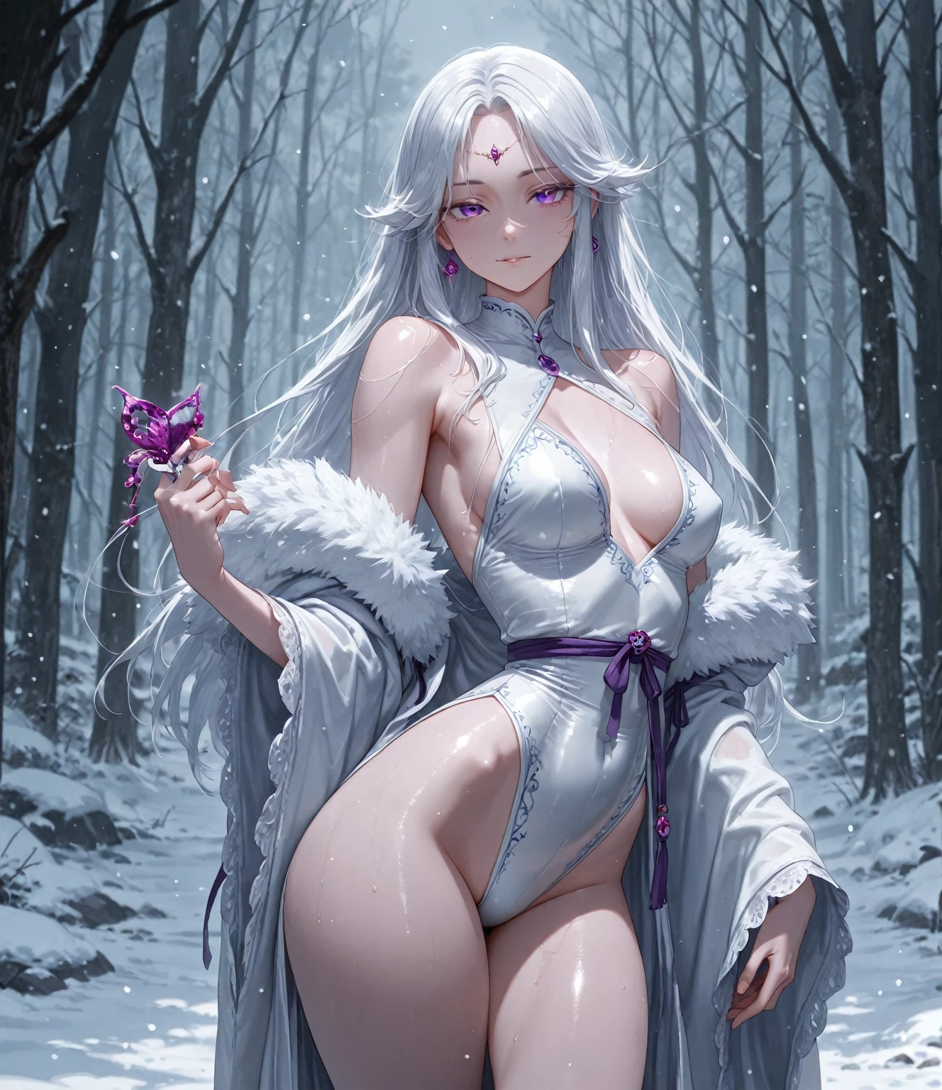 a naked girl sitting on a bench in a snowy forest. White hair. Braides. Arousing. Creative composition. Cinematic. sexy.