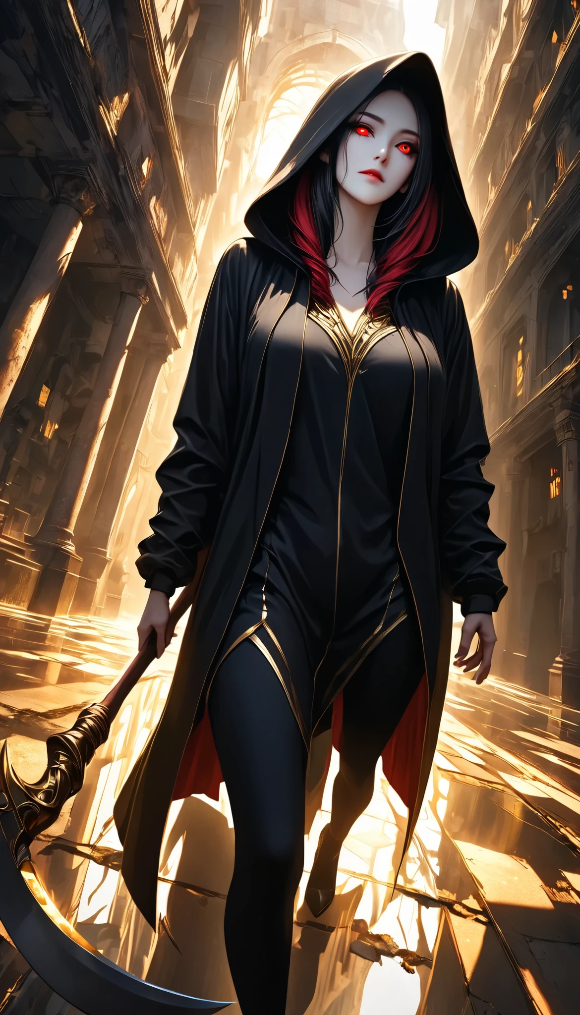 ((a woman with hollow eyes, Dynamic immersive portrait composition, from below:1.37), Alone, Detailed black robe, (beautiful detailed face, a seductive gaze that can be seen slightly through the hood,Clear red eyes, drop shadow on expression)),Weakness in contrast to, Slender Body, (A huge scythe held in your hand gives off a golden glow,Sharp metallic reflections,shining slash), Non-glossy Glitter Effects and Glossy Reflections, Multiple Exposure, break (luminescent layer that shines in transparent gold, assimilates into an abandoned city, The effect of connecting the subject and the demon world), The golden color of the dark that shines in the dark, takes you to the world of Yesen...
Precise and precise full body composition,from above,The perfect golden ratio, excellent balance between subject and margins, perfect beauty down to the smallest detail, Delicate and Vividly Expressed Subjects, sharp and clear line drawing, colorful textures full of realism, Extremely transparent, realistic texture, Finest workmanship,8K high resolution,photographer-style realistic finish,Professional Light and Shadow,brilliant and deep colors,dark gothic atmosphere,