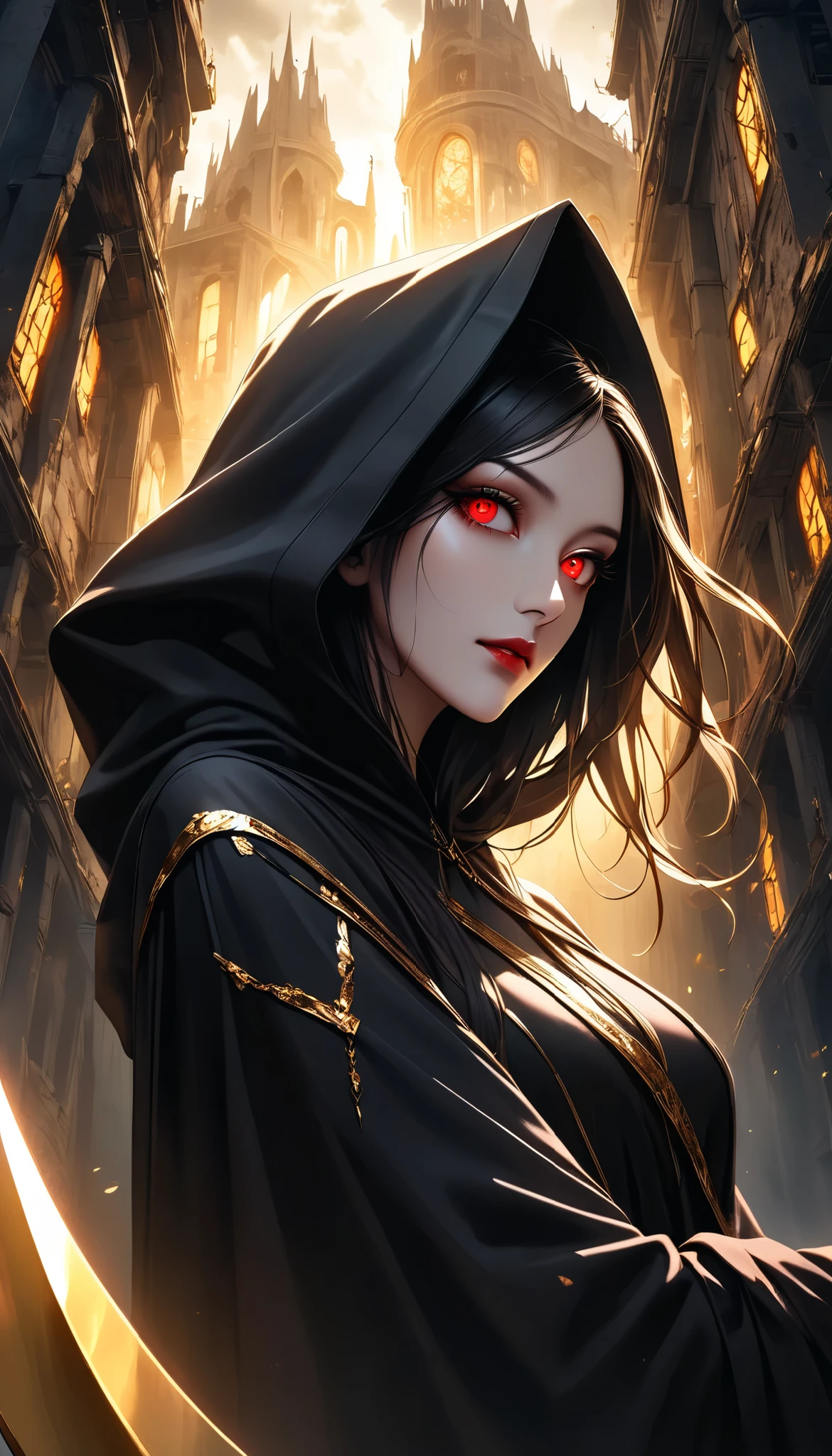 ((a woman with hollow eyes, Dynamic immersive portrait composition, from below:1.37), Alone, Detailed black robe, (beautiful detailed face, a seductive gaze that can be seen slightly through the hood,Clear red eyes, drop shadow on expression)),Weakness in contrast to, Slender Body, (A huge scythe held in your hand gives off a golden glow,Sharp metallic reflections,shining slash), Non-glossy Glitter Effects and Glossy Reflections, Multiple Exposure, break (luminescent layer that shines in transparent gold, assimilates into an abandoned city, The effect of connecting the subject and the demon world), The golden color of the dark that shines in the dark, takes you to the world of Yesen...
Precise and precise full body composition,from above,The perfect golden ratio, excellent balance between subject and margins, perfect beauty down to the smallest detail, Delicate and Vividly Expressed Subjects, sharp and clear line drawing, colorful textures full of realism, Extremely transparent, realistic texture, Finest workmanship,8K high resolution,photographer-style realistic finish,Professional Light and Shadow,brilliant and deep colors,dark gothic atmosphere,
