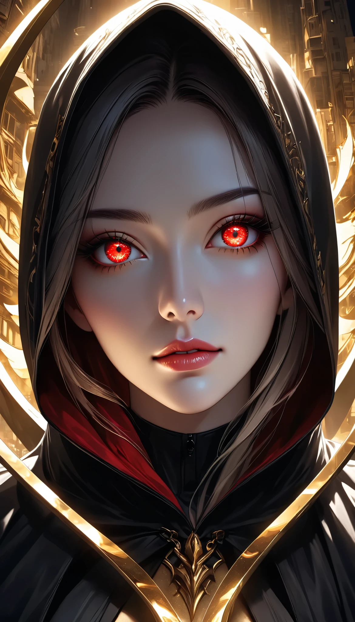 ((a woman with hollow eyes, Dynamic immersive portrait composition, from below:1.37), Alone, Detailed black robe, (beautiful detailed face, a seductive gaze that can be seen slightly through the hood,Clear red eyes, drop shadow on expression)),Weakness in contrast to, Slender Body, (A huge scythe held in your hand gives off a golden glow,Sharp metallic reflections,shining slash), Non-glossy Glitter Effects and Glossy Reflections, Multiple Exposure, break (luminescent layer that shines in transparent gold, assimilates into an abandoned city, The effect of connecting the subject and the demon world), The golden color of the dark that shines in the dark, takes you to the world of Yesen...
Precise and precise full body composition,from above,The perfect golden ratio, excellent balance between subject and margins, perfect beauty down to the smallest detail, Delicate and Vividly Expressed Subjects, sharp and clear line drawing, colorful textures full of realism, Extremely transparent, realistic texture, Finest workmanship,8K high resolution,photographer-style realistic finish,Professional Light and Shadow,brilliant and deep colors,dark gothic atmosphere,