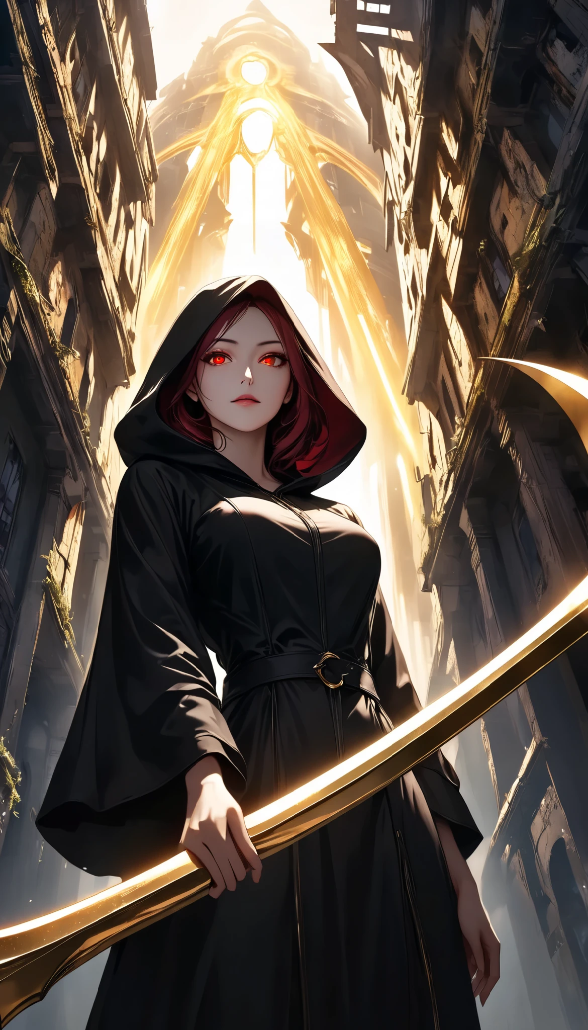((a woman with hollow eyes, Dynamic immersive portrait composition, from below:1.37), Alone, Detailed black robe, (beautiful detailed face, a seductive gaze that can be seen slightly through the hood,Clear red eyes, drop shadow on expression)),Weakness in contrast to, Slender Body, (A huge scythe held in your hand gives off a golden glow,Sharp metallic reflections,shining slash), Non-glossy Glitter Effects and Glossy Reflections, Multiple Exposure, break (luminescent layer that shines in transparent gold, assimilates into an abandoned city, The effect of connecting the subject and the demon world), The golden color of the dark that shines in the dark, takes you to the world of Yesen...
Precise and precise full body composition,from above,The perfect golden ratio, excellent balance between subject and margins, perfect beauty down to the smallest detail, Delicate and Vividly Expressed Subjects, sharp and clear line drawing, colorful textures full of realism, Extremely transparent, realistic texture, Finest workmanship,8K high resolution,photographer-style realistic finish,Professional Light and Shadow,brilliant and deep colors,dark gothic atmosphere,