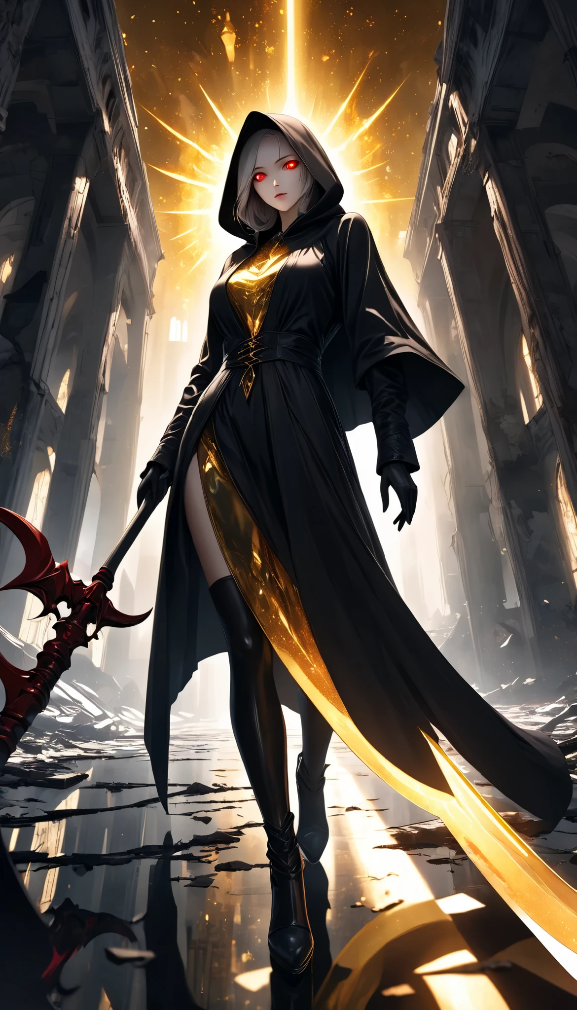 ((a woman with hollow eyes, Dynamic immersive portrait composition, from below:1.37), Alone, Detailed black robe, (beautiful detailed face, a seductive gaze that can be seen slightly through the hood,Clear red eyes, drop shadow on expression)),Weakness in contrast to, Slender Body, (A huge scythe held in the hand emits a golden glow,Sharp metallic reflections,shining slash), Non-glossy Glitter Effects and Glossy Reflections, Multiple Exposure, break (Transparent golden luminescent layer, assimilates into an abandoned city, The effect of connecting the subject and the demon world), The golden color of the dark that shines in the dark, takes you to the world of Yesen...
Precise and precise full body composition,from above,The perfect golden ratio, excellent balance between subject and margins, perfect beauty down to the smallest detail, Delicate and Vividly Expressed Subjects, sharp and clear line drawing, colorful textures full of realism, Extremely transparent, realistic texture, Finest workmanship,8K high resolution,photographer-style realistic finish,Professional Light and Shadow,brilliant and deep colors,dark gothic atmosphere,