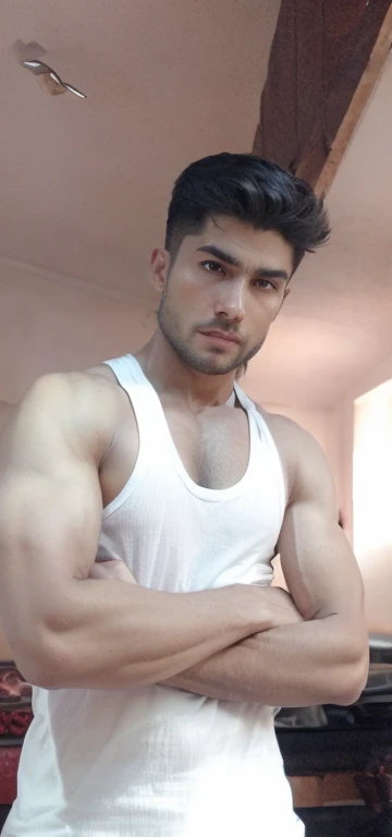 A base model of a handsome indian man , looking at the camera, sad expression, , t shirt, abbs , messy hair , detailed eyes, detailed face, detailed background, masterpiece , head to thighs on focus ,penis