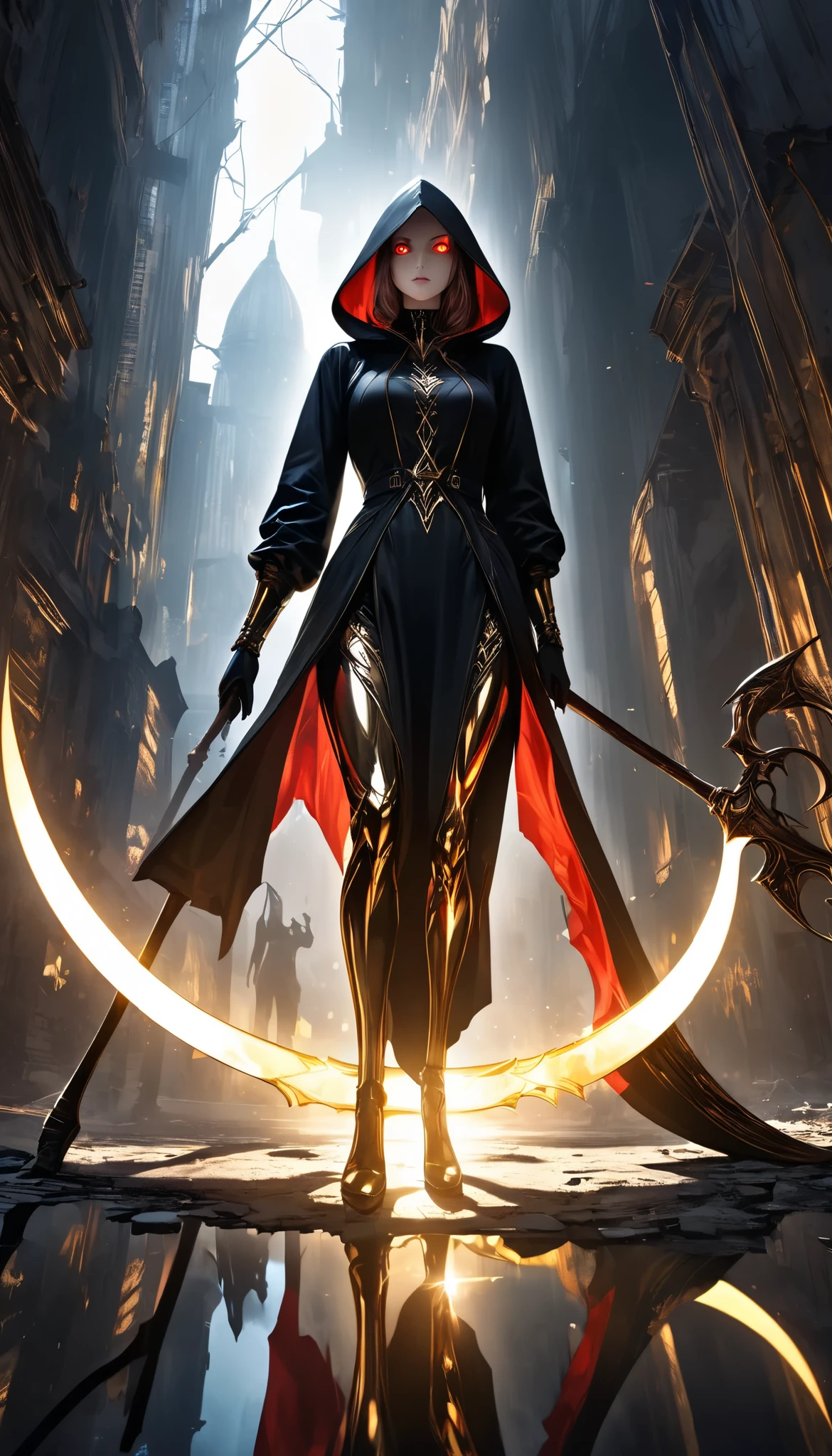 ((a woman with hollow eyes, Dynamic immersive portrait composition, from below:1.37), Alone, Detailed black robe, (beautiful detailed face, a seductive gaze that can be seen slightly through the hood,Clear red eyes, drop shadow on expression)),Weakness in contrast to, Slender Body, (A huge scythe held in the hand emits a golden glow,Sharp metallic reflections,shining slash), Non-glossy Glitter Effects and Glossy Reflections, Multiple Exposure, break (Transparent golden luminescent layer, assimilates into an abandoned city, The effect of connecting the subject and the demon world), The golden color of the dark that shines in the dark, takes you to the world of Yesen...
Precise and precise full body composition,from above,The perfect golden ratio, excellent balance between subject and margins, perfect beauty down to the smallest detail, Delicate and Vividly Expressed Subjects, sharp and clear line drawing, colorful textures full of realism, Extremely transparent, realistic texture, Finest workmanship,8K high resolution,photographer-style realistic finish,Professional Light and Shadow,brilliant and deep colors,dark gothic atmosphere,