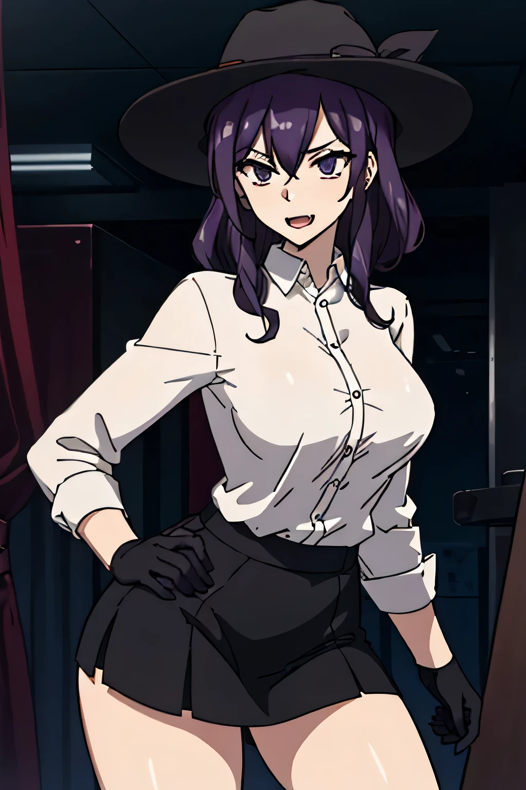 27 year old woman, tall and big body, wearing white shirt, wearing black short skirt, wearing black wide brim hat, purple hair color, slightly curly hair, has fangs, criminal, sexy, two buttons of shirt open, psychopath, wearing black gloves, facing forward