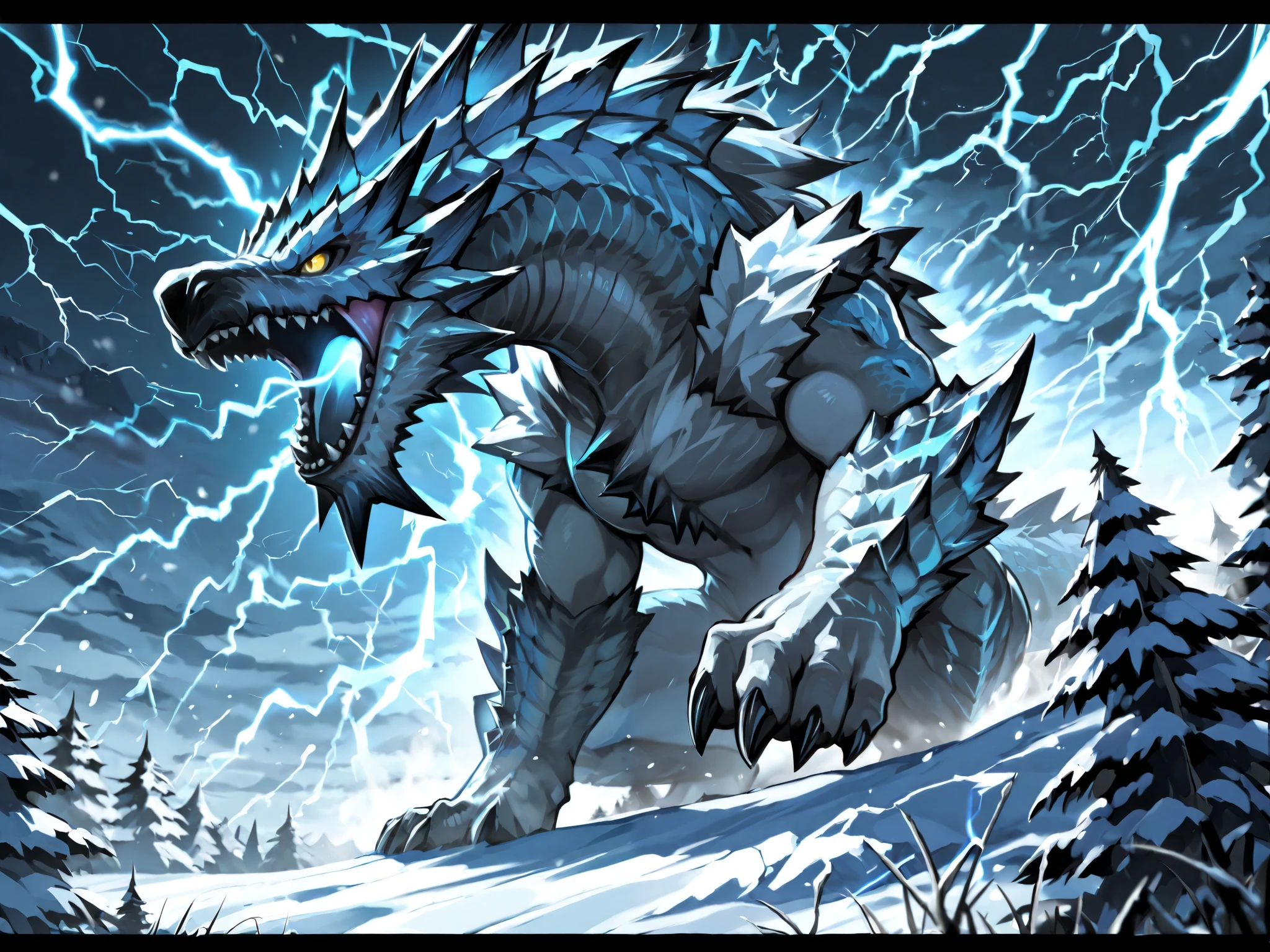 Kushaldaora (Monster Hunter)、Furyu Wears Storm、 open your mouth to intimidate 、Snowy mountains in a blizzard、Lightning strikes the surroundings、super high quality、Escapist videos