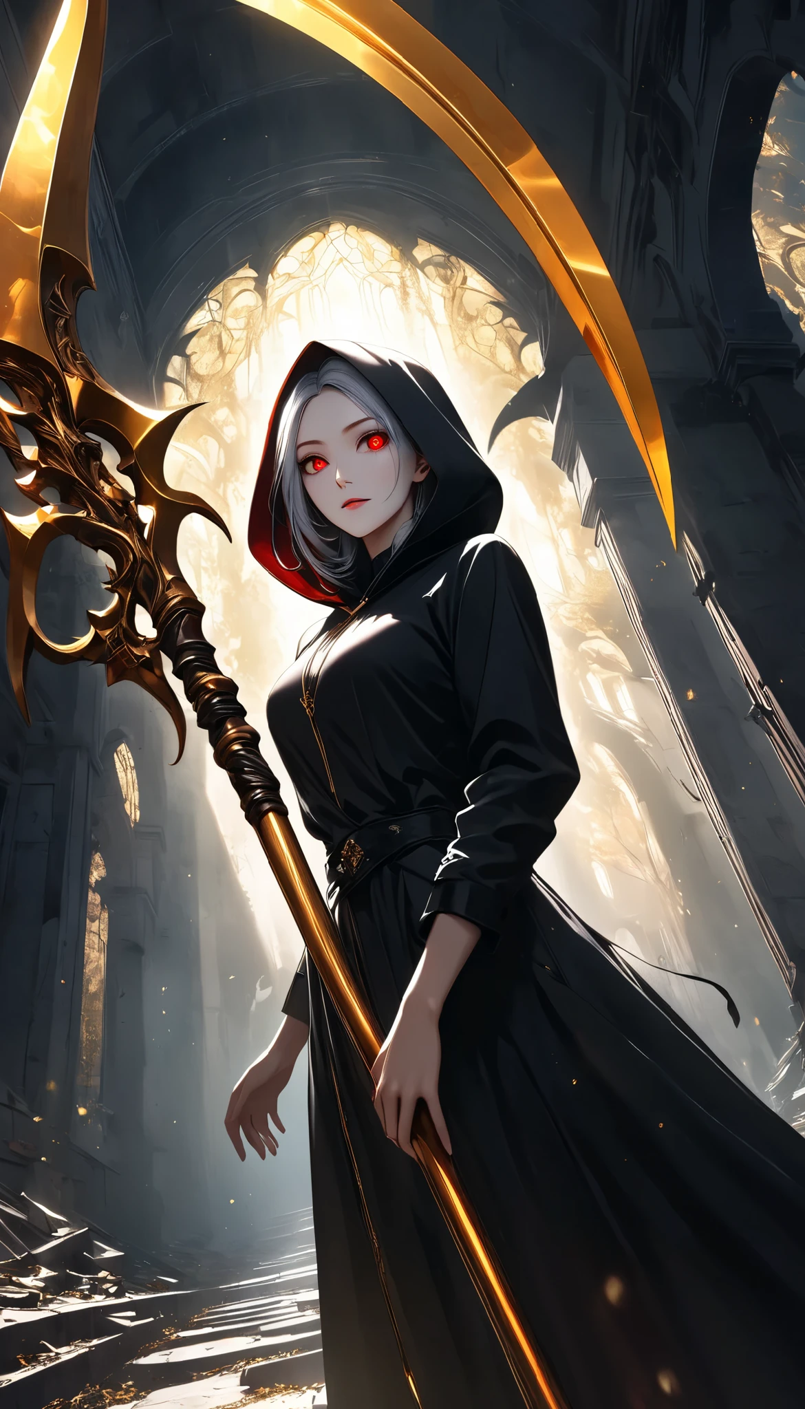 ((a woman with hollow eyes, Dynamic immersive portrait composition, from below:1.37), Alone, Detailed black robe, (beautiful detailed face, a seductive gaze that can be seen slightly through the hood,Clear red eyes, drop shadow on expression)),Weakness in contrast to, Slender Body, (A huge scythe held in the hand emits a golden glow,Sharp metallic reflections,shining slash), Non-glossy Glitter Effects and Glossy Reflections, Multiple Exposure, break (Transparent golden luminescent layer, assimilates into an abandoned city, The effect of connecting the subject and the demon world), The golden color of the dark that shines in the dark, takes you to the world of Yesen...
Precise and precise full body composition,from above,The perfect golden ratio, excellent balance between subject and margins, perfect beauty down to the smallest detail, Delicate and Vividly Expressed Subjects, sharp and clear line drawing, colorful textures full of realism, Extremely transparent, realistic texture, Finest workmanship,8K high resolution,photographer-style realistic finish,Professional Light and Shadow,brilliant and deep colors,dark gothic atmosphere,