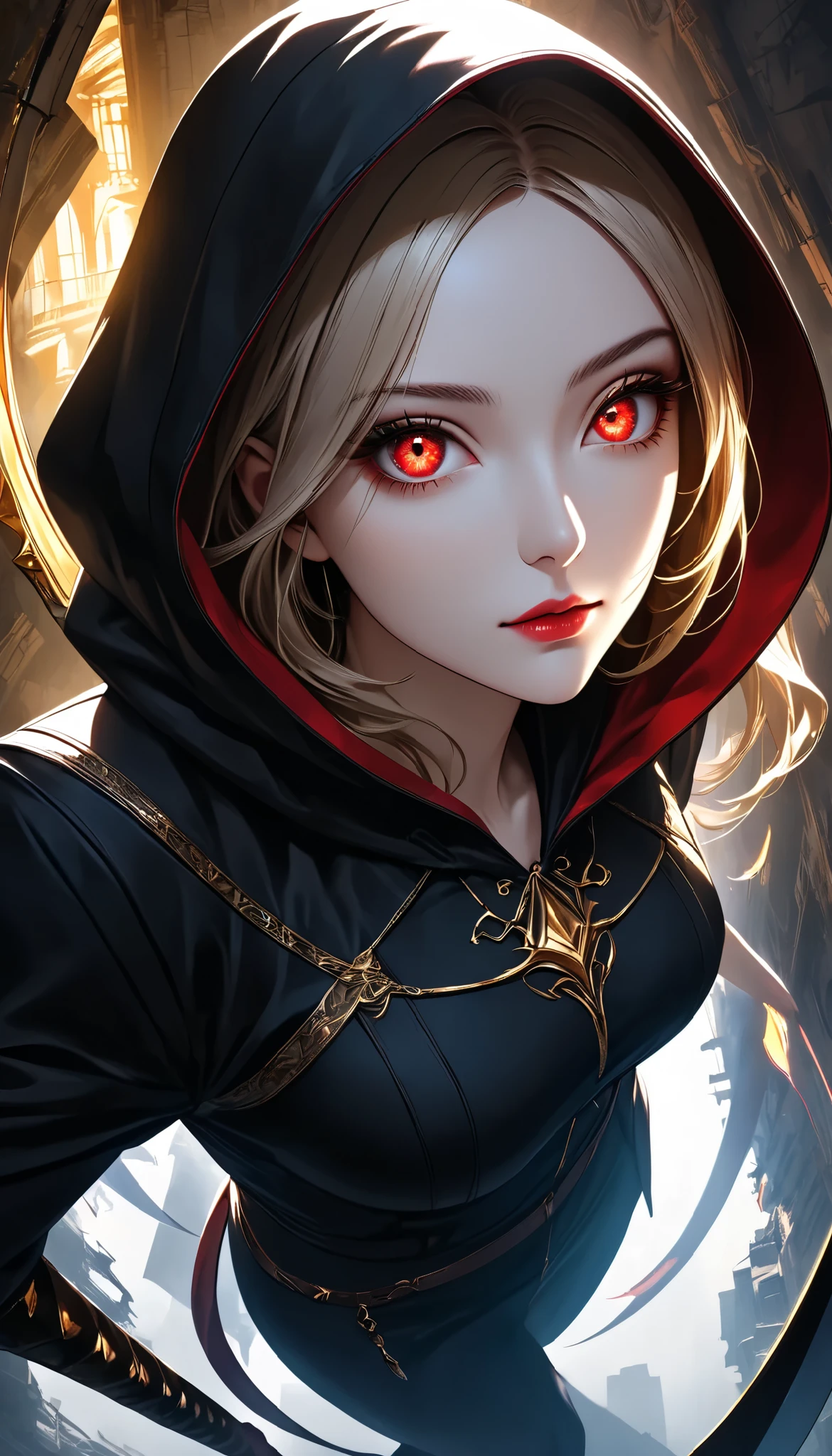 ((a woman with hollow eyes, Dynamic immersive portrait composition, from below:1.37), Alone, Detailed black robe, (beautiful detailed face, a seductive gaze that can be seen slightly through the hood,Clear red eyes, drop shadow on expression)),Weakness in contrast to, Slender Body, (A huge scythe held in the hand emits a golden glow,Sharp metallic reflections,shining slash), Non-glossy Glitter Effects and Glossy Reflections, Multiple Exposure, break (Transparent golden luminescent layer, assimilates into an abandoned city, The effect of connecting the subject and the demon world), The golden color of the dark that shines in the dark, takes you to the world of Yesen...
Precise and precise full body composition,from above,The perfect golden ratio, excellent balance between subject and margins, perfect beauty down to the smallest detail, Delicate and Vividly Expressed Subjects, sharp and clear line drawing, colorful textures full of realism, Extremely transparent, realistic texture, Finest workmanship,8K high resolution,photographer-style realistic finish,Professional Light and Shadow,brilliant and deep colors,dark gothic atmosphere,
