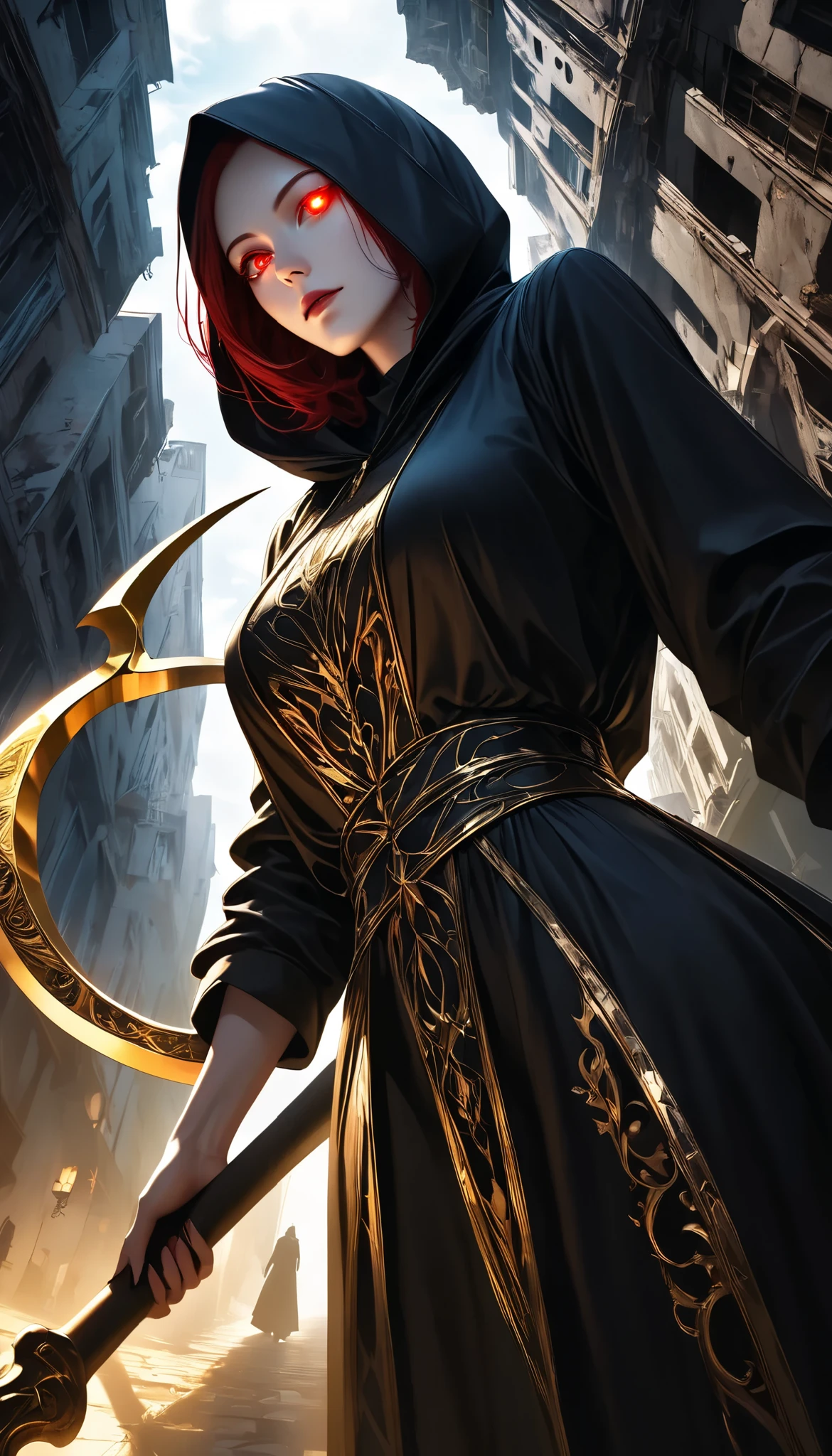 ((a woman with hollow eyes, A dynamic, immersive portrait composition, from below:1.37), Alone, Detailed black robe, (beautiful detailed face, a seductive gaze that can be seen slightly through the hood,Clear red eyes, drop shadow on expression)),Weakness in contrast to, Slender Body, (A huge scythe held in your hand gives off a golden glow,Sharp metallic reflections,shining slash), Non-glossy Glitter Effects and Glossy Reflections, Multiple Exposure, break (luminescent layer that shines in transparent gold, assimilates into an abandoned city, The effect of connecting the subject and the demon world), The golden color of the dark that shines in the dark, takes you to the world of Yesen...
Precise and precise full body composition,from above,The perfect golden ratio, excellent balance between subject and margins, perfect beauty down to the smallest detail, Delicate and Vividly Expressed Subjects, sharp and clear line drawing, colorful textures full of realism, Extremely transparent, realistic texture, Finest workmanship,8K high resolution,photographer-style realistic finish,Professional Light and Shadow,brilliant and deep colors,dark gothic atmosphere,