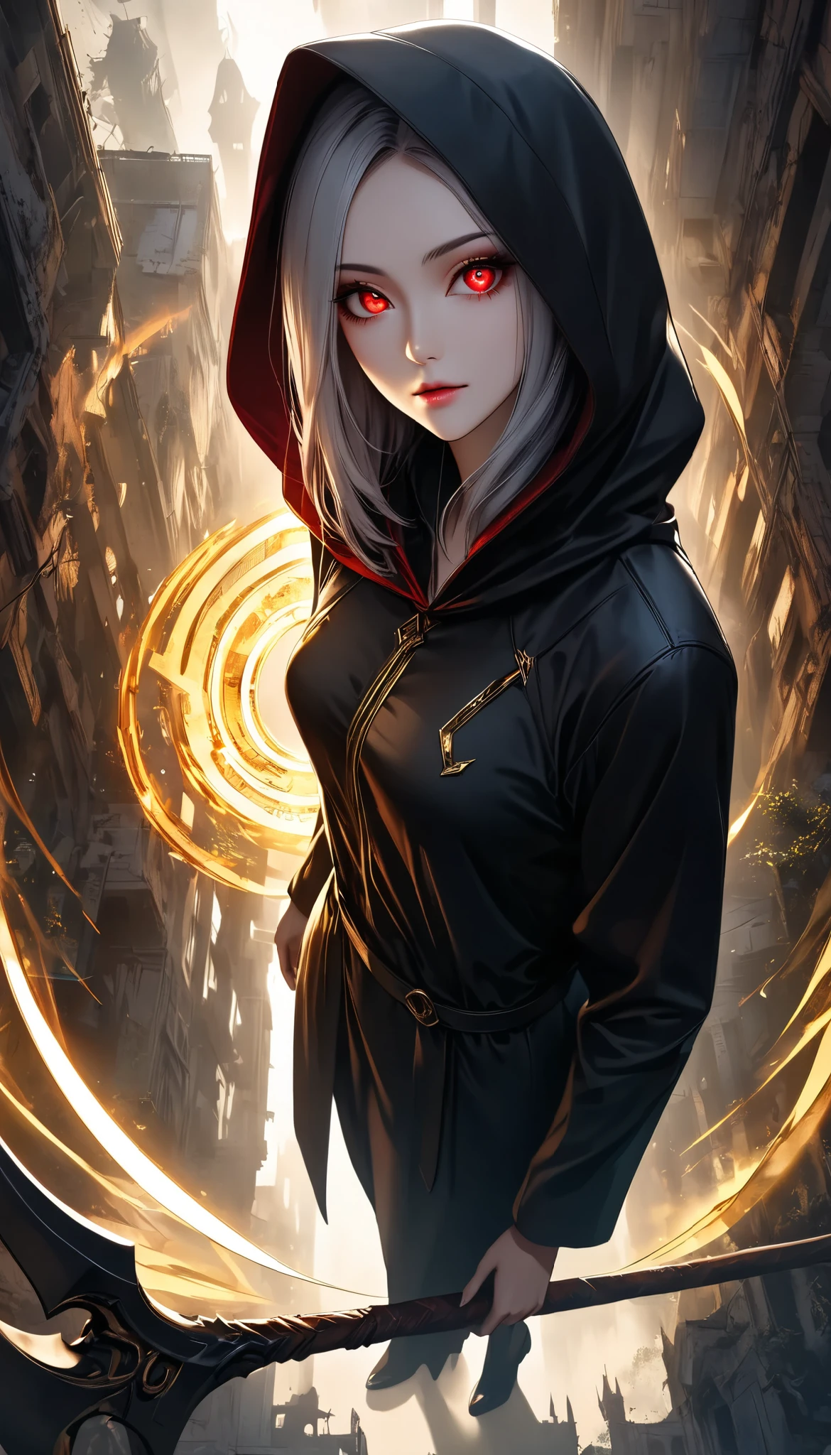 ((a woman with hollow eyes, A dynamic, immersive portrait composition, from below:1.37), Alone, Detailed black robe, (beautiful detailed face, a seductive gaze that can be seen slightly through the hood,Clear red eyes, drop shadow on expression)),Weakness in contrast to, Slender Body, (A huge scythe held in your hand gives off a golden glow,Sharp metallic reflections,shining slash), Non-glossy Glitter Effects and Glossy Reflections, Multiple Exposure, break (luminescent layer that shines in transparent gold, assimilates into an abandoned city, The effect of connecting the subject and the demon world), The golden color of the dark that shines in the dark, takes you to the world of Yesen...
Precise and precise full body composition,from above,The perfect golden ratio, excellent balance between subject and margins, perfect beauty down to the smallest detail, Delicate and Vividly Expressed Subjects, sharp and clear line drawing, colorful textures full of realism, Extremely transparent, realistic texture, Finest workmanship,8K high resolution,photographer-style realistic finish,Professional Light and Shadow,brilliant and deep colors,dark gothic atmosphere,