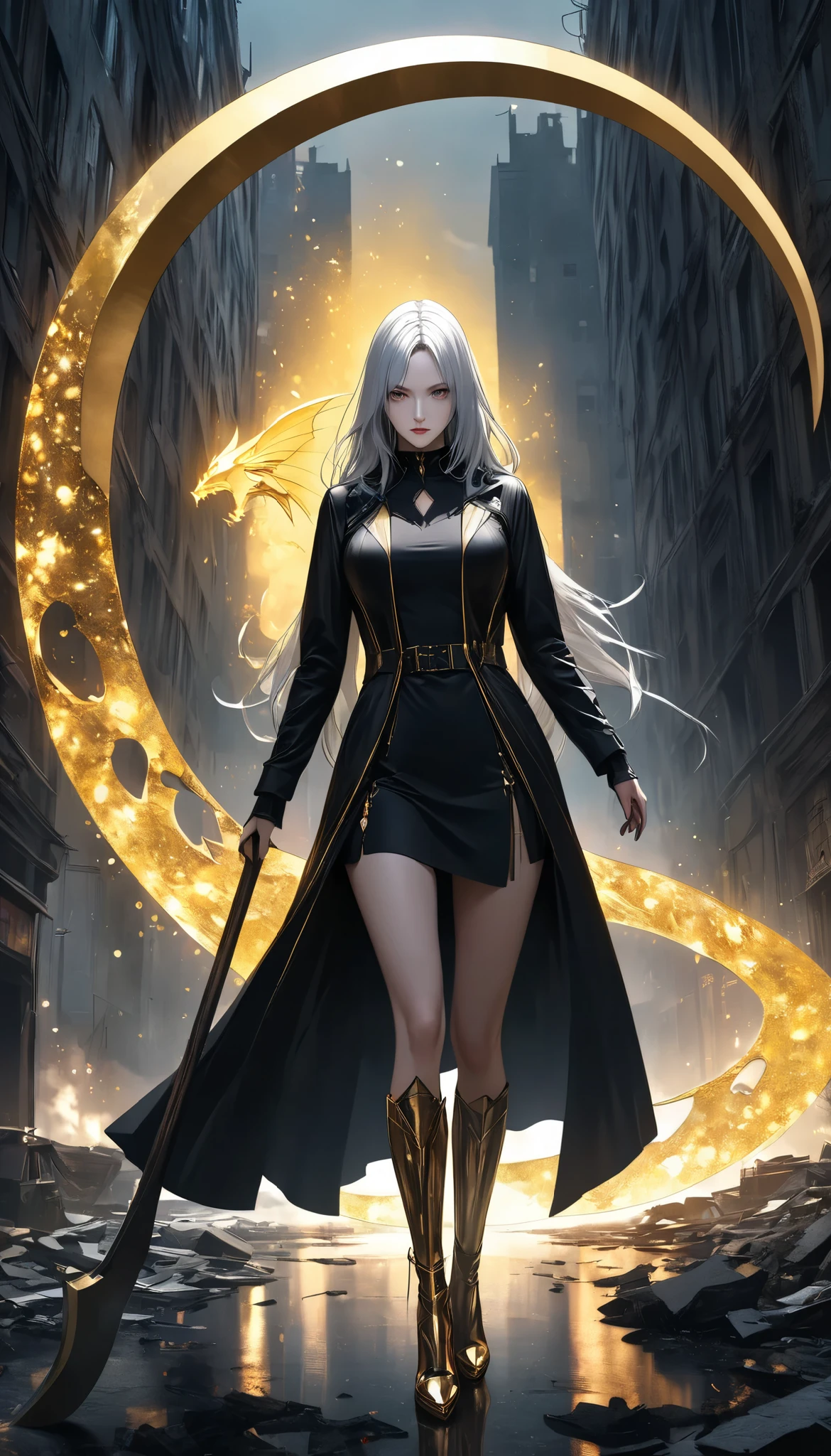 beautiful woman, A dynamic, immersive portrait composition, Alone, Detailed black robe, Detailed empty face, A captivating gaze and contrasting sense of weakness, Slender Body, The giant scythe that captures it emits a golden glow, Non-glossy Glitter Effects and Glossy Reflections, Multiple Exposure, BREAK A layer that shines in transparent gold, assimilates into an abandoned city, The effect of connecting the subject and the demon world, The golden color of the dark that shines in the dark, takes you to the world of Yesen...
Precise and precise full body composition,from above,The perfect golden ratio, excellent balance between subject and margins, perfect beauty down to the smallest detail, Delicate and Vividly Expressed Subjects, sharp and clear line drawing, colorful textures full of realism, Extremely transparent, realistic texture, Finest workmanship,8K high resolution,photographer-style realistic finish,Professional Light and Shadow,brilliant and deep colors,dark gothic atmosphere,