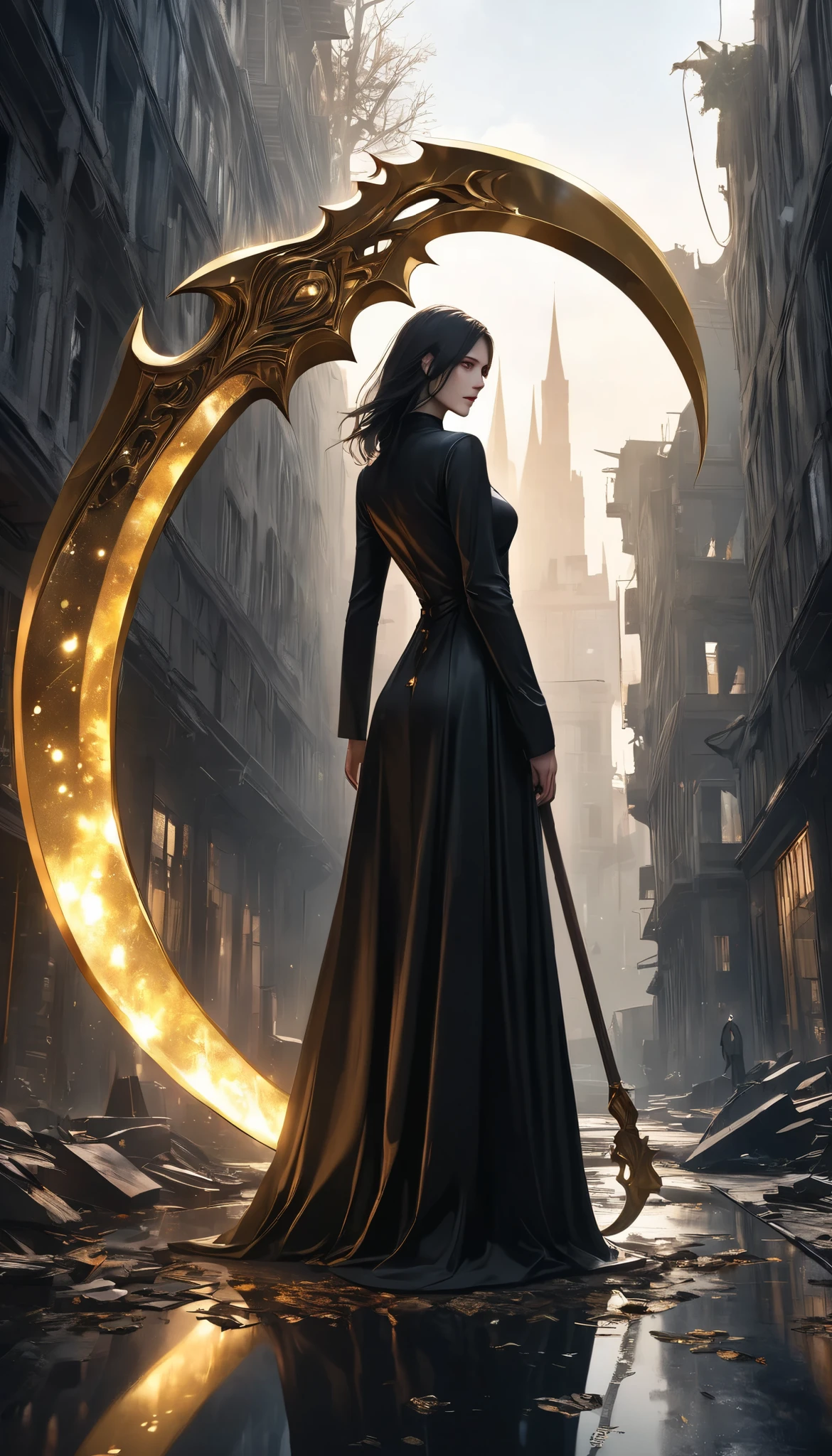 beautiful woman, A dynamic, immersive portrait composition, Alone, Detailed black robe, Detailed empty face, A captivating gaze and contrasting sense of weakness, Slender Body, The giant scythe that captures it emits a golden glow, Non-glossy Glitter Effects and Glossy Reflections, Multiple Exposure, BREAK A layer that shines in transparent gold, assimilates into an abandoned city, The effect of connecting the subject and the demon world, The golden color of the dark that shines in the dark, takes you to the world of Yesen...
Precise and precise full body composition,from above,The perfect golden ratio, excellent balance between subject and margins, perfect beauty down to the smallest detail, Delicate and Vividly Expressed Subjects, sharp and clear line drawing, colorful textures full of realism, Extremely transparent, realistic texture, Finest workmanship,8K high resolution,photographer-style realistic finish,Professional Light and Shadow,brilliant and deep colors,dark gothic atmosphere,