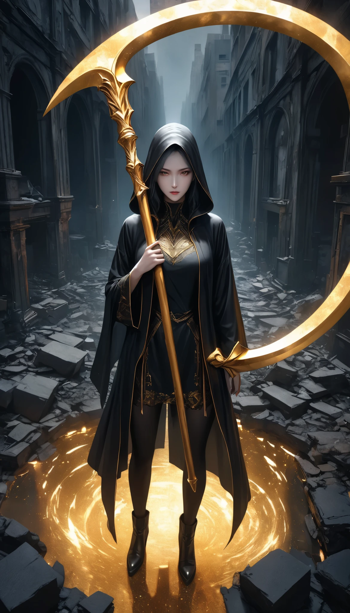 A woman with empty eyes, A dynamic, immersive portrait composition, Alone, Detailed black robe, beautifully detailed face, A captivating gaze and contrasting sense of weakness, Slender Body, The giant scythe that captures it emits a golden glow, Non-glossy Glitter Effects and Glossy Reflections, Multiple Exposure, BREAK A layer that shines in transparent gold, assimilates into an abandoned city, The effect of connecting the subject and the demon world, The golden color of the dark that shines in the dark, takes you to the world of Yesen...
Precise and precise full body composition,from above,The perfect golden ratio, excellent balance between subject and margins, perfect beauty down to the smallest detail, Delicate and Vividly Expressed Subjects, sharp and clear line drawing, colorful textures full of realism, Extremely transparent, realistic texture, Finest workmanship,8K high resolution,photographer-style realistic finish,Professional Light and Shadow,brilliant and deep colors,dark gothic atmosphere,