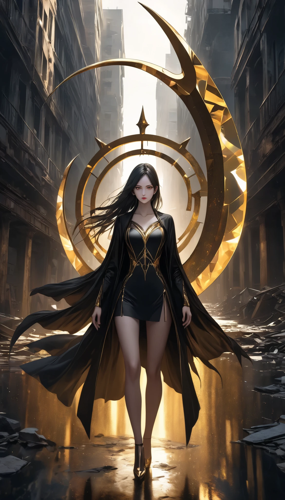 A woman with empty eyes, A dynamic, immersive portrait composition, Alone, Detailed black robe, beautifully detailed face, A captivating gaze and contrasting sense of weakness, Slender Body, The giant scythe that captures it emits a golden glow, Non-glossy Glitter Effects and Glossy Reflections, Multiple Exposure, BREAK A layer that shines in transparent gold, assimilates into an abandoned city, The effect of connecting the subject and the demon world, The golden color of the dark that shines in the dark, takes you to the world of Yesen...
Precise and precise full body composition,from above,The perfect golden ratio, excellent balance between subject and margins, perfect beauty down to the smallest detail, Delicate and Vividly Expressed Subjects, sharp and clear line drawing, colorful textures full of realism, Extremely transparent, realistic texture, Finest workmanship,8K high resolution,photographer-style realistic finish,Professional Light and Shadow,brilliant and deep colors,dark gothic atmosphere,