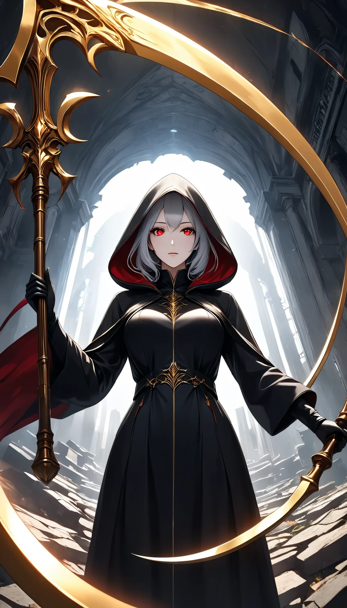 ((a woman with hollow eyes, Dynamic immersive portrait composition, from below:1.37), Alone, Detailed black robe, (beautiful detailed face, a seductive gaze that can be seen slightly through the hood,Clear red eyes, drop shadow on expression)),Weakness in contrast to, Slender Body, (A huge scythe held in your hand gives off a golden glow,Sharp metallic reflections,shining slash), Non-glossy Glitter Effects and Glossy Reflections, Multiple Exposure, break (luminescent layer that shines in transparent gold, assimilates into an abandoned city, The effect of connecting the subject and the demon world), The golden color of the dark that shines in the dark, takes you to the world of Yesen...
Precise and precise full body composition,from above,The perfect golden ratio, excellent balance between subject and margins, perfect beauty down to the smallest detail, Delicate and Vividly Expressed Subjects, sharp and clear line drawing, colorful textures full of realism, Extremely transparent, realistic texture, Finest workmanship,8K high resolution,photographer-style realistic finish,Professional Light and Shadow,brilliant and deep colors,dark gothic atmosphere,