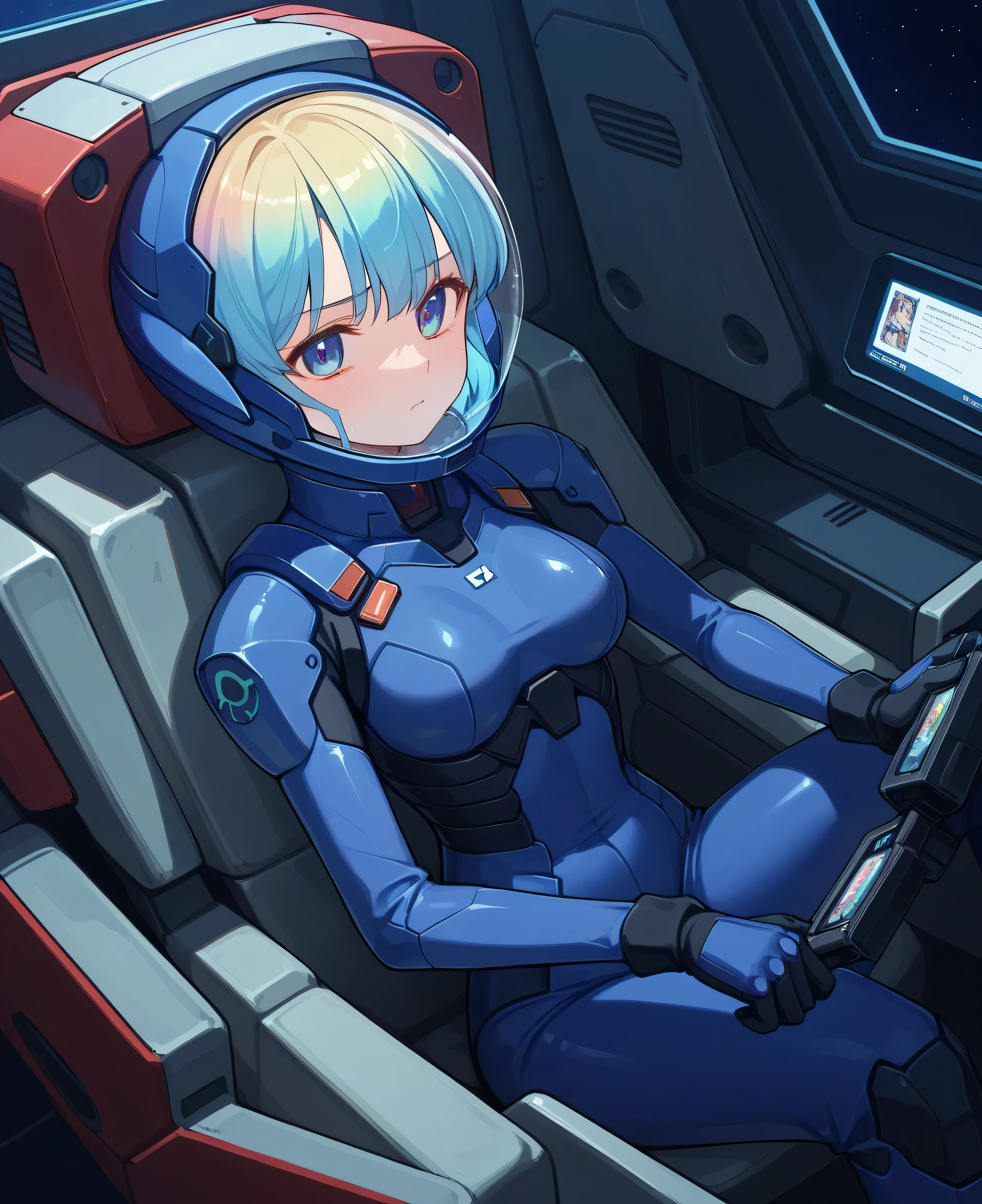 ((Holographic Glow Effect))、 Gundam Wing Cockpit, Lantern、masterpiece、top quality、1 person、Medium Bust、((Album Cover))、pyrokinetic skill to bounce up to a magnificent feudal background、slender bodies、white and blue pilot suit with enamel finish、 elbow length gloves 、long hard boots 、exoskeleton、Metal Gear、cyberpunk style、Gundam Pilot、attention arousal、 bubble helmet 、 space helmet, muvluv, space helm, eva helm,Transparent face guard,Complex and precise instruments