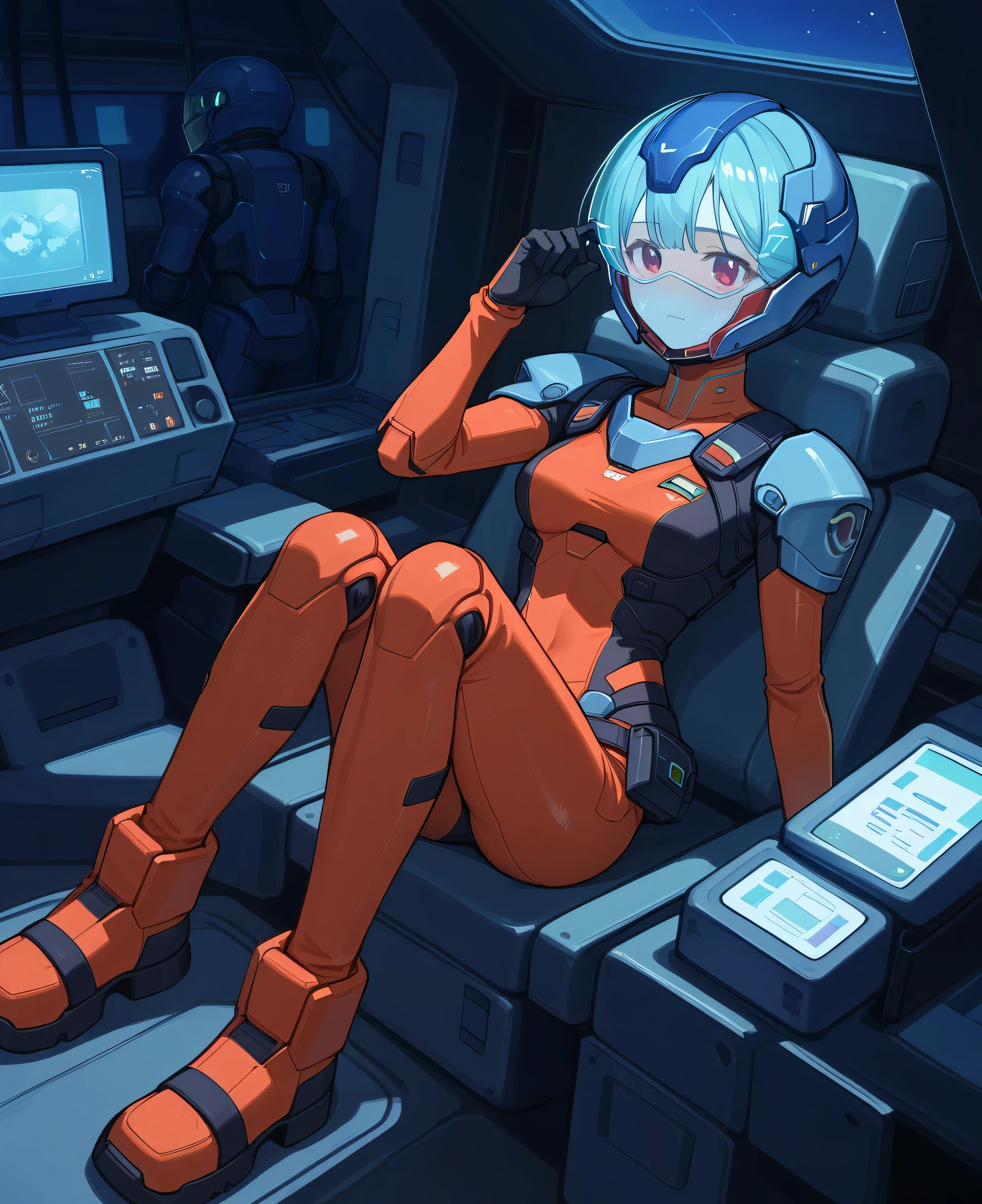 ((Holographic Glow Effect))、 Gundam Wing Cockpit, Lantern、masterpiece、top quality、1 person、Medium Bust、((Album Cover))、pyrokinetic skill to bounce up to a magnificent feudal background、slender bodies、white and blue pilot suit with enamel finish、 elbow length gloves 、long hard boots 、exoskeleton、Metal Gear、cyberpunk style、Gundam Pilot、attention arousal、 bubble helmet 、 space helmet, muvluv, space helm, eva helm,Transparent face guard,Complex and precise instruments