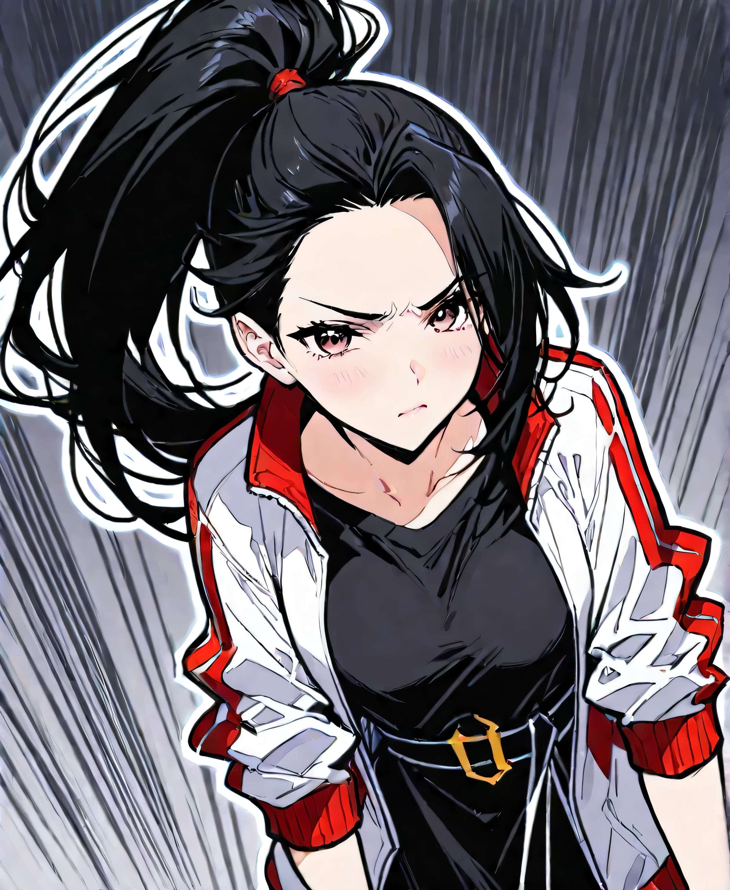 work of art, best qualityer, yaoyorozu momo, 1 girl, close up, eyes black, Bblack hair, hypdertailed, long hair, hair pulled back, , standing alone, looking ahead at viewer, with huge ass