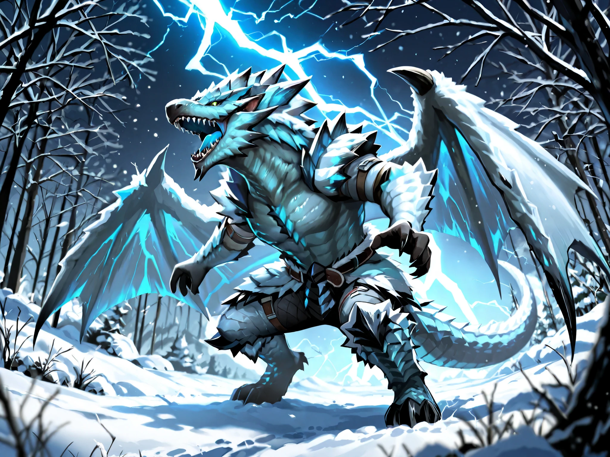 Kushaldaora (Monster Hunter)、Furyu Wears Storm、 open your mouth to intimidate 、Snowy mountains in a blizzard、Lightning strikes the surroundings、super high quality、Escapist videos
