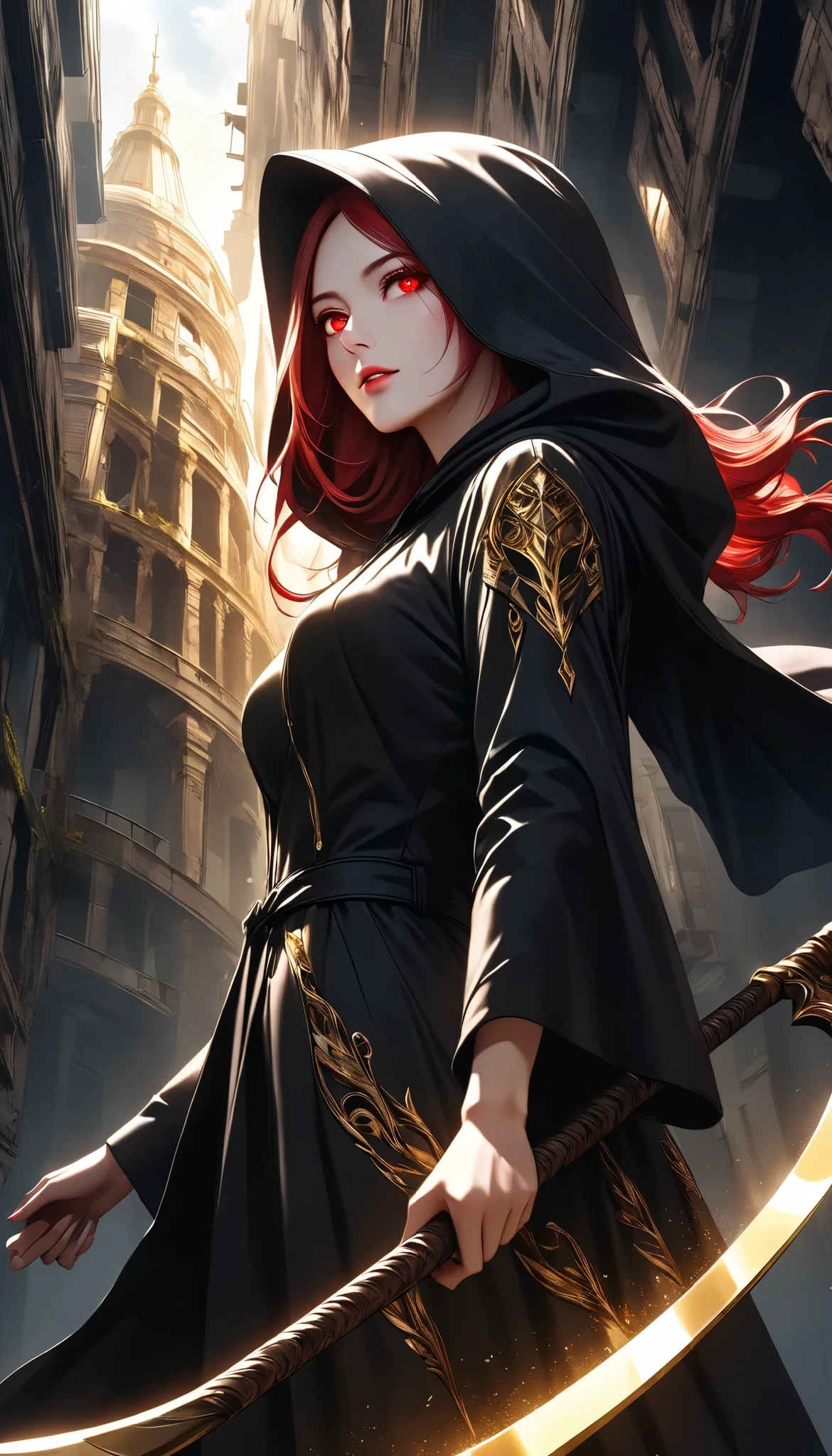 ((a woman with hollow eyes, Dynamic immersive portrait composition, from below:1.37), Alone, Detailed black robe, (beautiful detailed face, a seductive gaze that can be seen slightly through the hood,Clear red eyes, drop shadow on expression)),Weakness in contrast to, Slender Body, (A huge scythe held in your hand gives off a golden glow,Sharp metallic reflections,shining slash), Non-glossy Glitter Effects and Glossy Reflections, Multiple Exposure, break (luminescent layer that shines in transparent gold, assimilates into an abandoned city, The effect of connecting the subject and the demon world), The golden color of the dark that shines in the dark, takes you to the world of Yesen...
Precise and precise full body composition,from above,The perfect golden ratio, excellent balance between subject and margins, perfect beauty down to the smallest detail, Delicate and Vividly Expressed Subjects, sharp and clear line drawing, colorful textures full of realism, Extremely transparent, realistic texture, Finest workmanship,8K high resolution,photographer-style realistic finish,Professional Light and Shadow,brilliant and deep colors,dark gothic atmosphere,