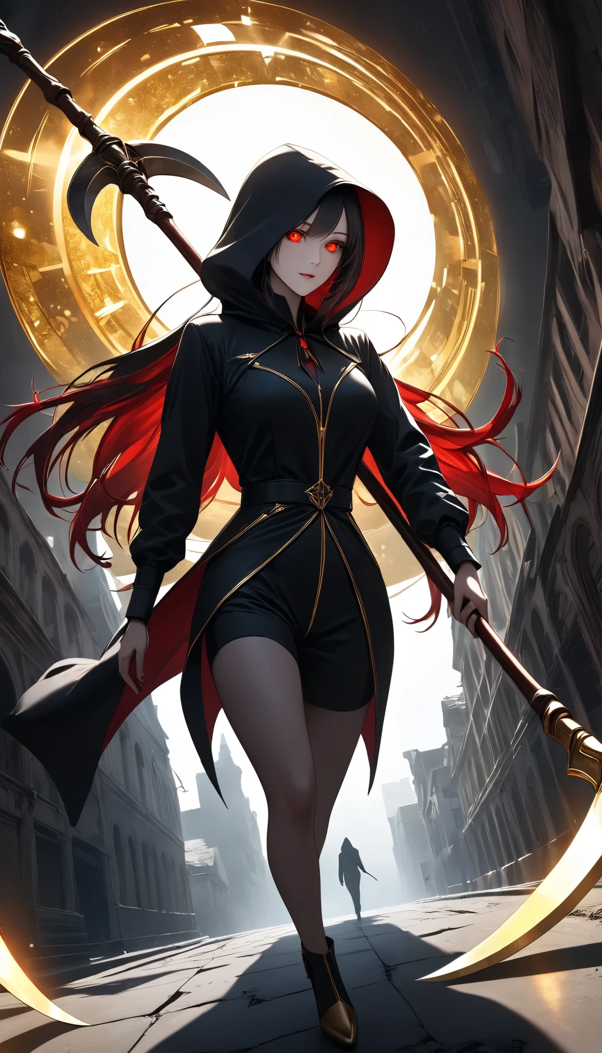 ((a woman with hollow eyes, Dynamic immersive portrait composition, from below:1.37), Alone, Detailed black robe, (beautiful detailed face, a seductive gaze that can be seen slightly through the hood,Clear red eyes, drop shadow on expression)),Weakness in contrast to, Slender Body, (A huge scythe held in the hand emits a golden glow,Sharp metallic reflections,shining slash), Non-glossy Glitter Effects and Glossy Reflections, Multiple Exposure, break (Transparent golden luminescent layer, assimilates into an abandoned city, The effect of connecting the subject and the demon world), The golden color of the dark that shines in the dark, takes you to the world of Yesen...
Precise and precise full body composition,from above,The perfect golden ratio, excellent balance between subject and margins, perfect beauty down to the smallest detail, Delicate and Vividly Expressed Subjects, sharp and clear line drawing, colorful textures full of realism, Extremely transparent, realistic texture, Finest workmanship,8K high resolution,photographer-style realistic finish,Professional Light and Shadow,brilliant and deep colors,dark gothic atmosphere,