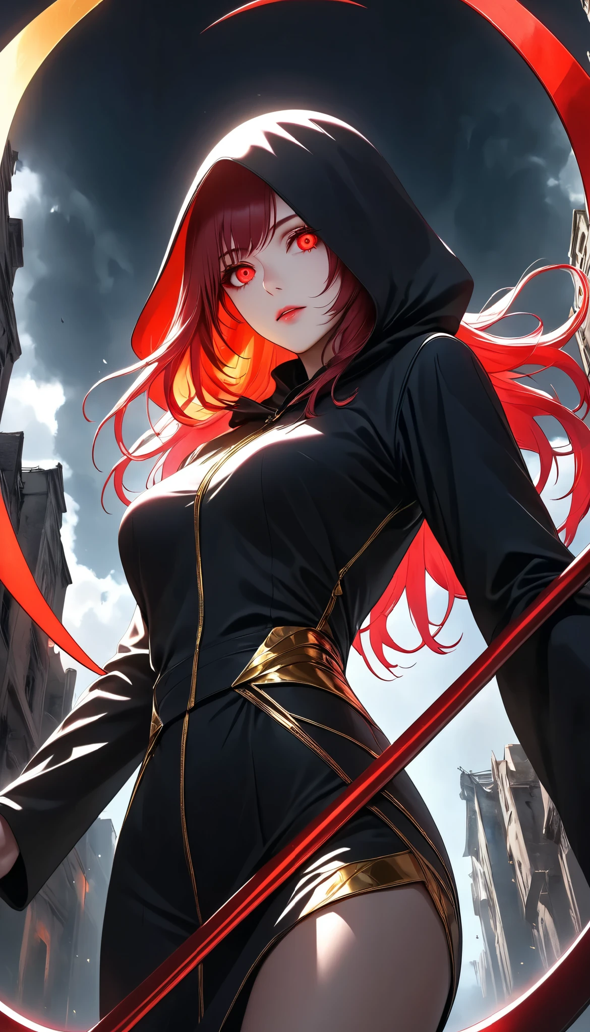 ((a woman with hollow eyes, Dynamic immersive portrait composition, from below:1.37), Alone, Detailed black robe, (beautiful detailed face, a seductive gaze that can be seen slightly through the hood,Clear red eyes, drop shadow on expression)),Weakness in contrast to, Slender Body, (A huge scythe held in the hand emits a golden glow,Sharp metallic reflections,shining slash), Non-glossy Glitter Effects and Glossy Reflections, Multiple Exposure, break (Transparent golden luminescent layer, assimilates into an abandoned city, The effect of connecting the subject and the demon world), The golden color of the dark that shines in the dark, takes you to the world of Yesen...
Precise and precise full body composition,from above,The perfect golden ratio, excellent balance between subject and margins, perfect beauty down to the smallest detail, Delicate and Vividly Expressed Subjects, sharp and clear line drawing, colorful textures full of realism, Extremely transparent, realistic texture, Finest workmanship,8K high resolution,photographer-style realistic finish,Professional Light and Shadow,brilliant and deep colors,dark gothic atmosphere,