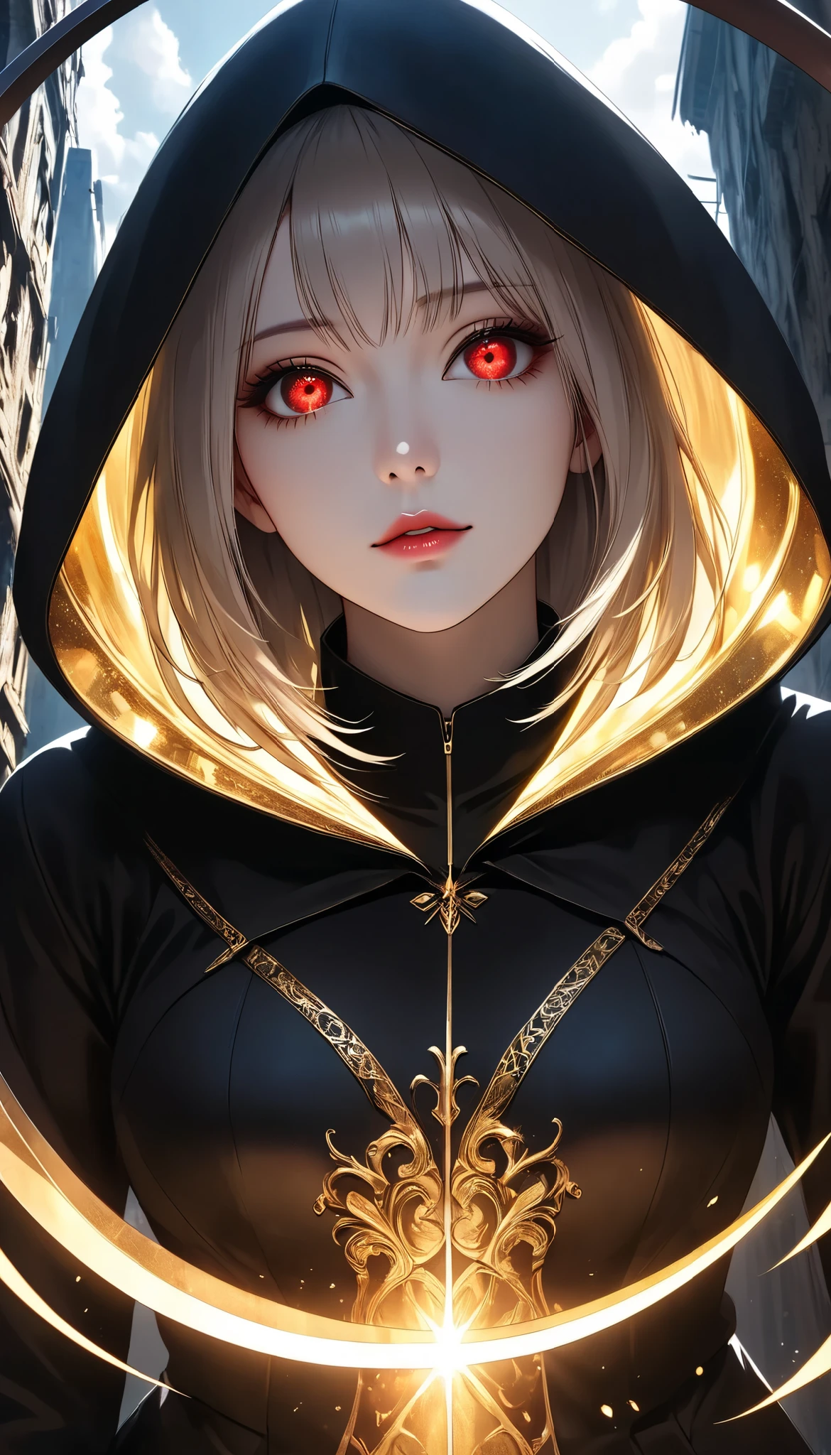 ((a woman with hollow eyes, Dynamic immersive portrait composition, from below:1.37), Alone, Detailed black robe, (beautiful detailed face, a seductive gaze that can be seen slightly through the hood,Clear red eyes, drop shadow on expression)),Weakness in contrast to, Slender Body, (A huge scythe held in the hand emits a golden glow,Sharp metallic reflections,shining slash), Non-glossy Glitter Effects and Glossy Reflections, Multiple Exposure, break (Transparent golden luminescent layer, assimilates into an abandoned city, The effect of connecting the subject and the demon world), The golden color of the dark that shines in the dark, takes you to the world of Yesen...
Precise and precise full body composition,from above,The perfect golden ratio, excellent balance between subject and margins, perfect beauty down to the smallest detail, Delicate and Vividly Expressed Subjects, sharp and clear line drawing, colorful textures full of realism, Extremely transparent, realistic texture, Finest workmanship,8K high resolution,photographer-style realistic finish,Professional Light and Shadow,brilliant and deep colors,dark gothic atmosphere,