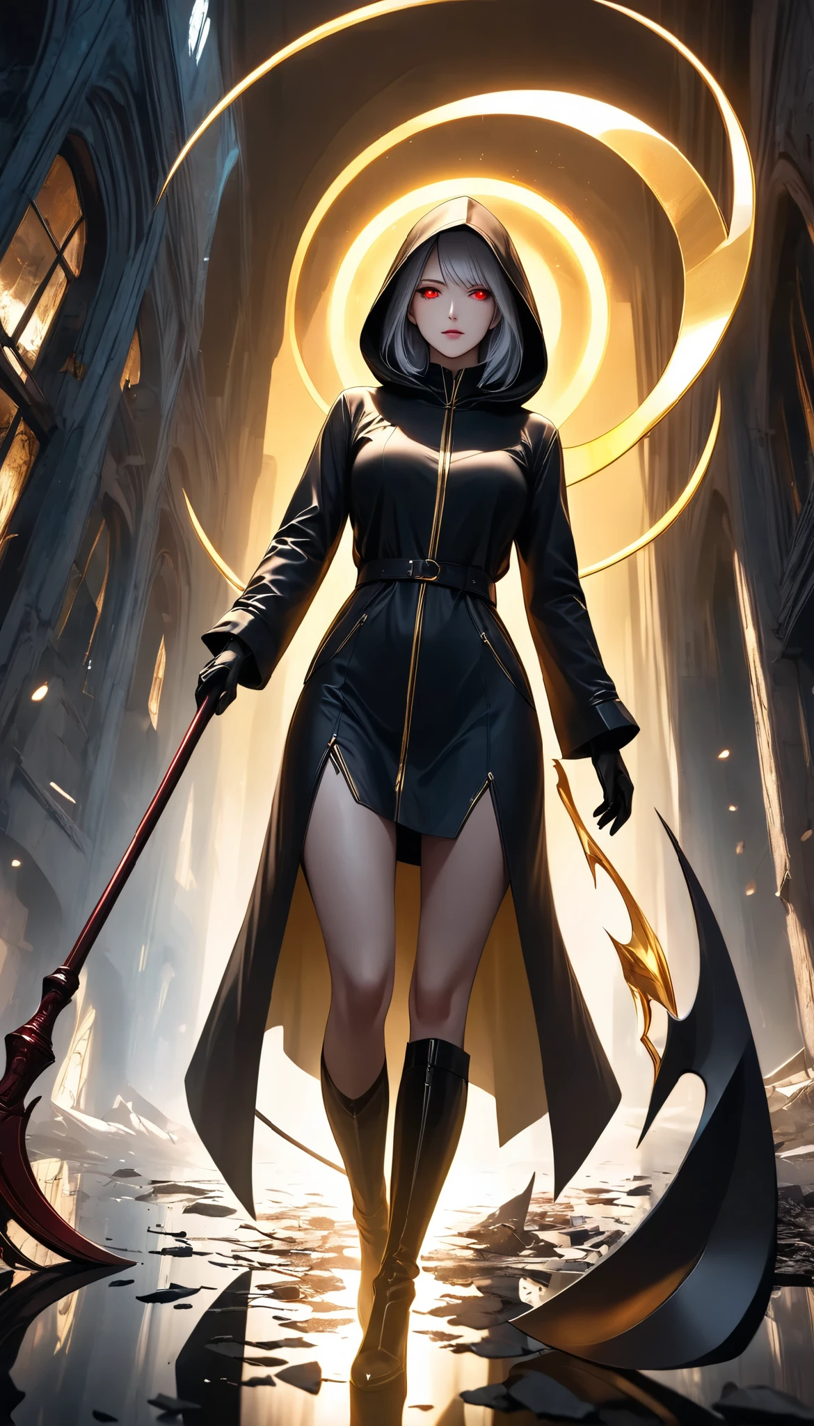 ((a woman with hollow eyes, Dynamic immersive portrait composition, from below:1.37), Alone, Detailed black robe, (beautiful detailed face, a seductive gaze that can be seen slightly through the hood,Clear red eyes, drop shadow on expression)),Weakness in contrast to, Slender Body, (A huge scythe held in the hand emits a golden glow,Sharp metallic reflections,shining slash), Non-glossy Glitter Effects and Glossy Reflections, Multiple Exposure, break (Transparent golden luminescent layer, assimilates into an abandoned city, The effect of connecting the subject and the demon world), The golden color of the dark that shines in the dark, takes you to the world of Yesen...
Precise and precise full body composition,from above,The perfect golden ratio, excellent balance between subject and margins, perfect beauty down to the smallest detail, Delicate and Vividly Expressed Subjects, sharp and clear line drawing, colorful textures full of realism, Extremely transparent, realistic texture, Finest workmanship,8K high resolution,photographer-style realistic finish,Professional Light and Shadow,brilliant and deep colors,dark gothic atmosphere,