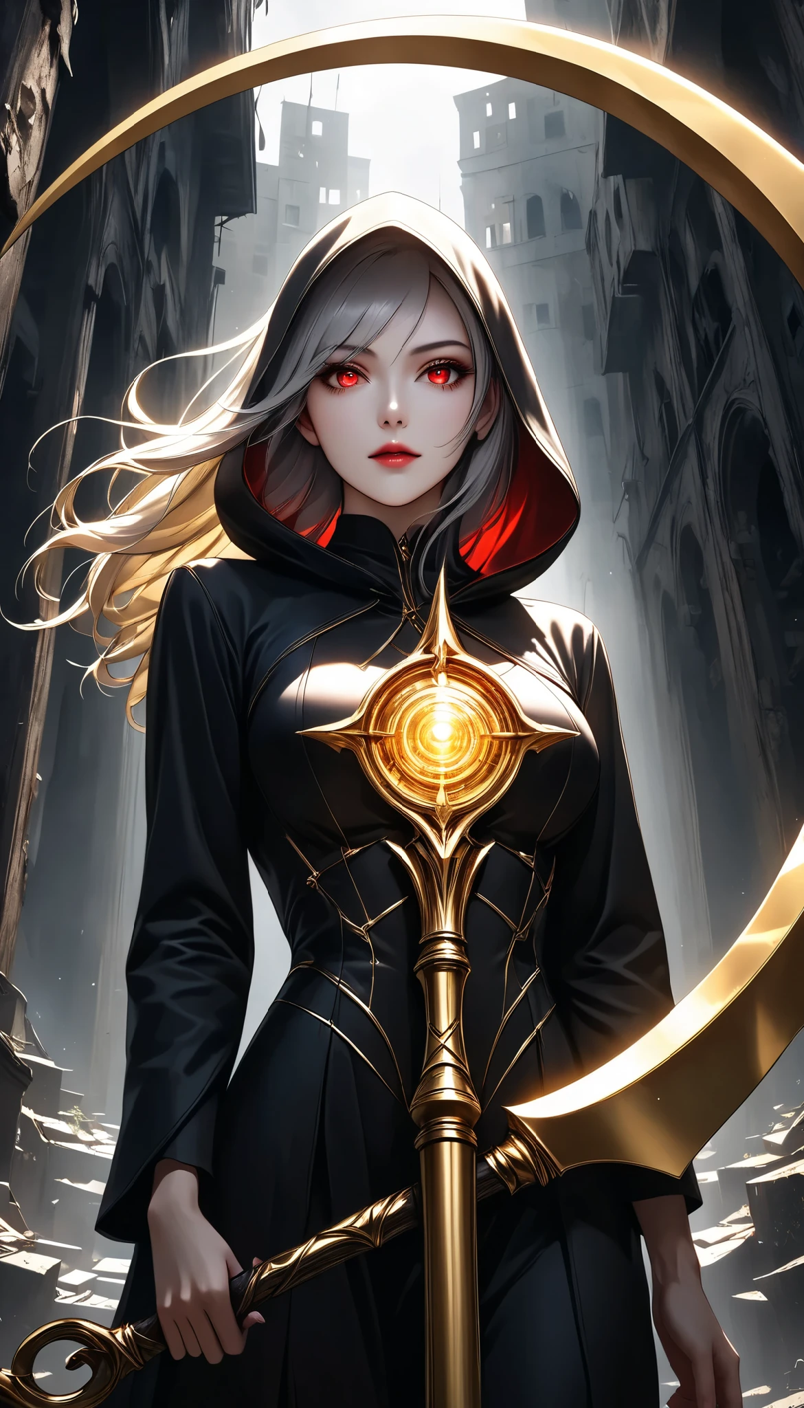 ((a woman with hollow eyes, A dynamic, immersive portrait composition, from below), Alone, Detailed black robe, (beautiful detailed face, a seductive gaze that can be seen slightly through the hood,Clear red eyes, drop shadow on expression)),Weakness in contrast to, Slender Body, (A huge scythe held in your hand gives off a golden glow,Sharp metallic reflections,shining slash), Non-glossy Glitter Effects and Glossy Reflections, Multiple Exposure, break (luminescent layer that shines in transparent gold, assimilates into an abandoned city, The effect of connecting the subject and the demon world), The golden color of the dark that shines in the dark, takes you to the world of Yesen...
Precise and precise full body composition,from above,The perfect golden ratio, excellent balance between subject and margins, perfect beauty down to the smallest detail, Delicate and Vividly Expressed Subjects, sharp and clear line drawing, colorful textures full of realism, Extremely transparent, realistic texture, Finest workmanship,8K high resolution,photographer-style realistic finish,Professional Light and Shadow,brilliant and deep colors,dark gothic atmosphere,