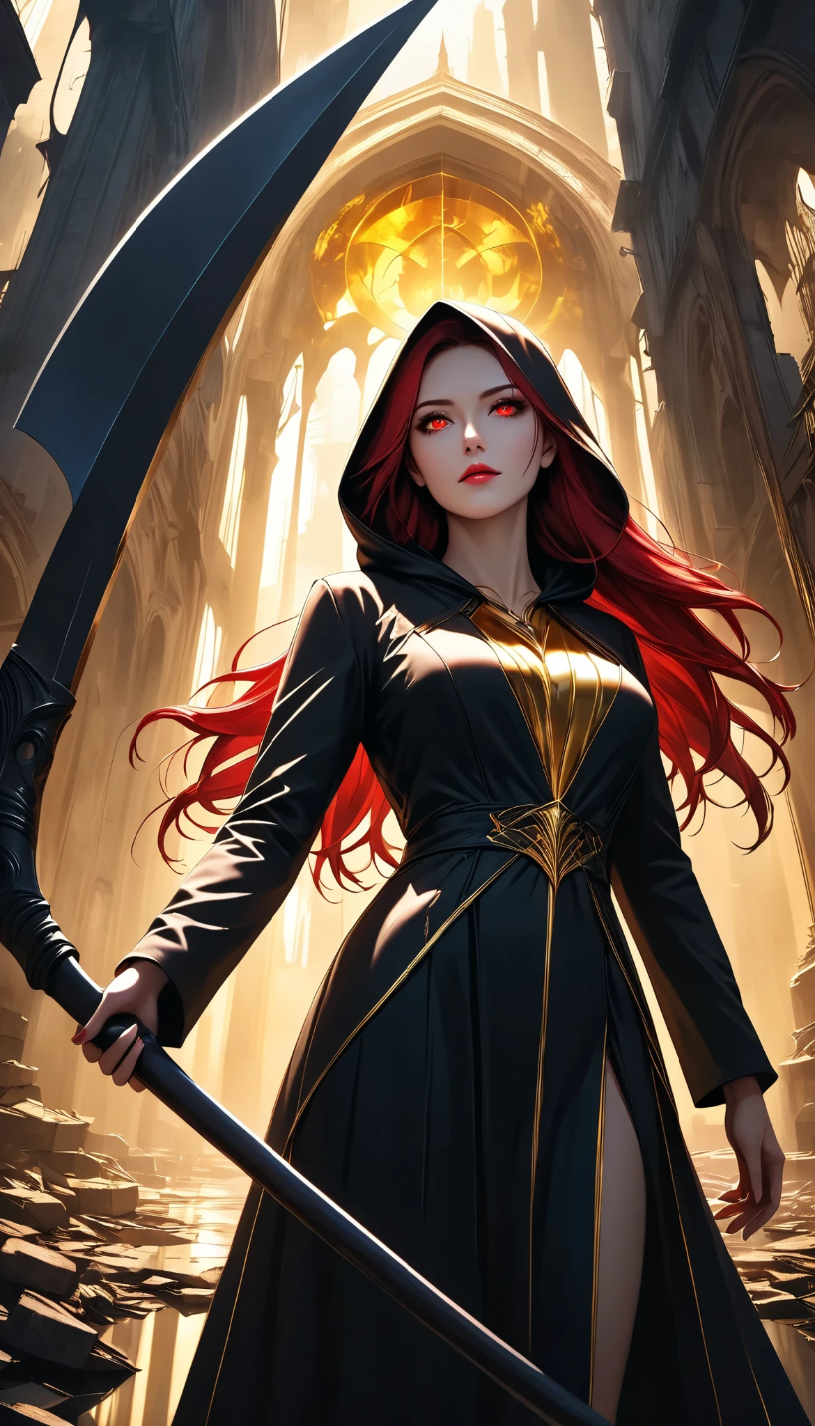 ((a woman with hollow eyes, A dynamic, immersive portrait composition, from below), Alone, Detailed black robe, (beautiful detailed face, a seductive gaze that can be seen slightly through the hood,Clear red eyes, drop shadow on expression)),Weakness in contrast to, Slender Body, (A huge scythe held in your hand gives off a golden glow,Sharp metallic reflections,shining slash), Non-glossy Glitter Effects and Glossy Reflections, Multiple Exposure, break (luminescent layer that shines in transparent gold, assimilates into an abandoned city, The effect of connecting the subject and the demon world), The golden color of the dark that shines in the dark, takes you to the world of Yesen...
Precise and precise full body composition,from above,The perfect golden ratio, excellent balance between subject and margins, perfect beauty down to the smallest detail, Delicate and Vividly Expressed Subjects, sharp and clear line drawing, colorful textures full of realism, Extremely transparent, realistic texture, Finest workmanship,8K high resolution,photographer-style realistic finish,Professional Light and Shadow,brilliant and deep colors,dark gothic atmosphere,