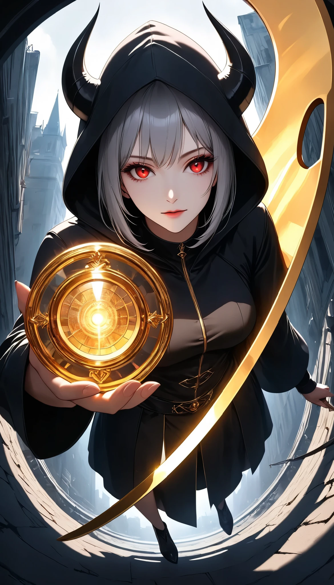 ((a woman with hollow eyes, Dynamic immersive portrait composition, from below), Alone, Detailed black robe, (beautiful detailed face, a seductive gaze that can be seen slightly through the hood,Clear red eyes, drop shadow on expression)),Weakness in contrast to, Slender Body, (A huge scythe held in your hand gives off a golden glow,Sharp metallic reflections,shining slash), Non-glossy Glitter Effects and Glossy Reflections, Multiple Exposure, break (luminescent layer that shines in transparent gold, assimilates into an abandoned city, The effect of connecting the subject and the demon world), The golden color of the dark that shines in the dark, takes you to the world of Yesen...
Precise and precise full body composition,from above,The perfect golden ratio, excellent balance between subject and margins, perfect beauty down to the smallest detail, Delicate and Vividly Expressed Subjects, sharp and clear line drawing, colorful textures full of realism, Extremely transparent, realistic texture, Finest workmanship,8K high resolution,photographer-style realistic finish,Professional Light and Shadow,brilliant and deep colors,dark gothic atmosphere,