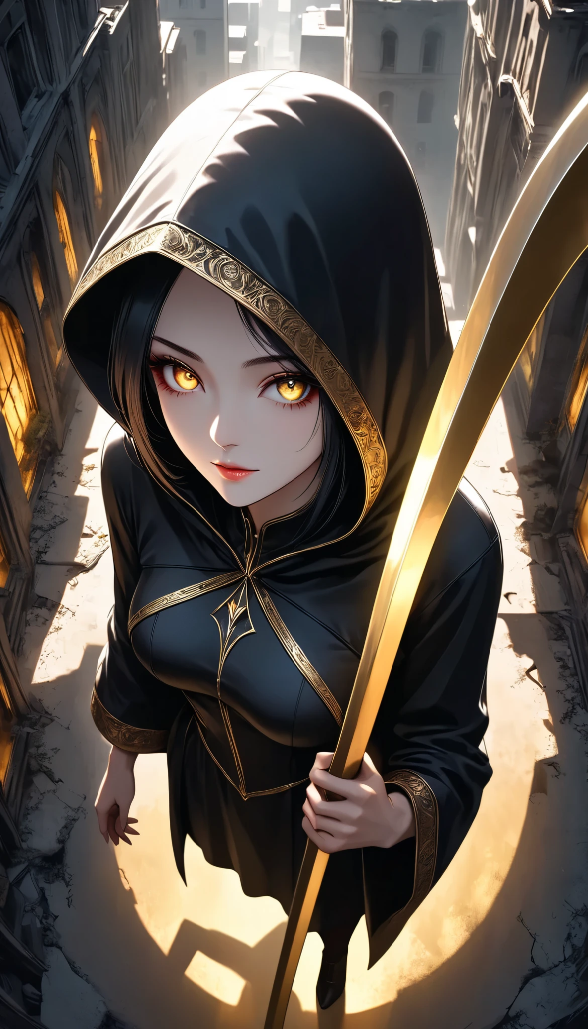 (a woman with hollow eyes, Dynamic immersive portrait composition, Alone, Detailed black robe, (beautiful detailed face, a seductive gaze that can be seen slightly through the hood,Drop Shadow)),Weakness in contrast to, Slender Body, (A huge scythe held in the hand emits a golden glow,Sharp metallic reflections,shining slash), Non-glossy Glitter Effects and Glossy Reflections, Multiple Exposure, break (Transparent golden luminescent layer, assimilates into an abandoned city, The effect of connecting the subject and the demon world), The golden color of the dark that shines in the dark, takes you to the world of Yesen...
Precise and precise full body composition,from above,The perfect golden ratio, excellent balance between subject and margins, perfect beauty down to the smallest detail, Delicate and Vividly Expressed Subjects, sharp and clear line drawing, colorful textures full of realism, Extremely transparent, realistic texture, Finest workmanship,8K high resolution,photographer-style realistic finish,Professional Light and Shadow,brilliant and deep colors,dark gothic atmosphere,