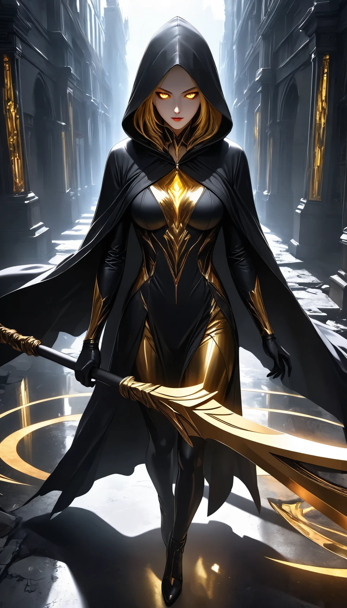 (a woman with hollow eyes, Dynamic immersive portrait composition, Alone, Detailed black robe, (beautiful detailed face, a seductive gaze that can be seen slightly through the hood,Drop Shadow)),Weakness in contrast to, Slender Body, (A huge scythe held in the hand emits a golden glow,Sharp metallic reflections,shining slash), Non-glossy Glitter Effects and Glossy Reflections, Multiple Exposure, break (Transparent golden luminescent layer, assimilates into an abandoned city, The effect of connecting the subject and the demon world), The golden color of the dark that shines in the dark, takes you to the world of Yesen...
Precise and precise full body composition,from above,The perfect golden ratio, excellent balance between subject and margins, perfect beauty down to the smallest detail, Delicate and Vividly Expressed Subjects, sharp and clear line drawing, colorful textures full of realism, Extremely transparent, realistic texture, Finest workmanship,8K high resolution,photographer-style realistic finish,Professional Light and Shadow,brilliant and deep colors,dark gothic atmosphere,