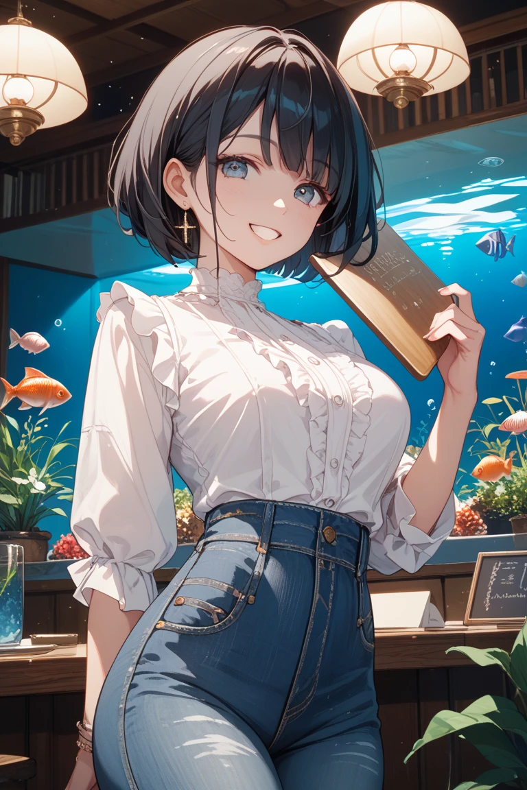 1lady solo, from side, /(knitted shirt/) /(high-waist long skirt/), mature female, /(black hair/) bangs, blush happy smile open mouth, (masterpiece best quality:1.3) delicate illustration ultra-detailed, large breasts BREAK /(aquarium indoors/) dark room, crowded
