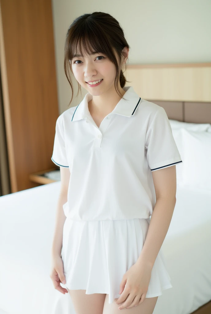 (Masterpiece, Best quality: 1.4), (Ultra realistic, Photo-realistic: 1.2), Full body, (kneeling: 1.3), Looking at viewer, Natural light, 18 years old actress, Japanese women, (arms behind back: 1.2), Neat and clean, ((White tennis uniform, White short-sleeve polo shirt with collar:1.2)), (unbutton:1.3), ((White tennis pleated skirt:1.2)), Wearing white sock, (ponytail: 1.2), Light brown hair color, (Beautiful Face), Oval face, clear, (Beautiful eyes, Kind eyes), (Clear skin), Small face, (Small mouth, Beautiful mouth), Natural makeup, Approachable, Luxury hotel Suite room, On bed, (nsfw:1.1), Seductive smile, Seductive pose, Beautiful thighs, Bedroom eyes,