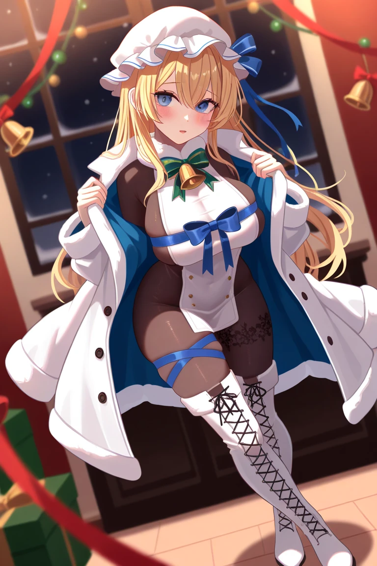 futaba kayano (denonbu), (best quality, 8K, masterpiece, ultra detailed:1.2), (lens flare, light particles, sparkle), depth of field, bokeh, blurry background, blurry,
night, starry sky, gradient sky, christmas, snowflakes, reflective floor, street, people, light, wet floor, snowing, constellation, dynamic pose, smile, (cinematic angle:1.2),
1girl, solo, winter coat, white thighhighs,