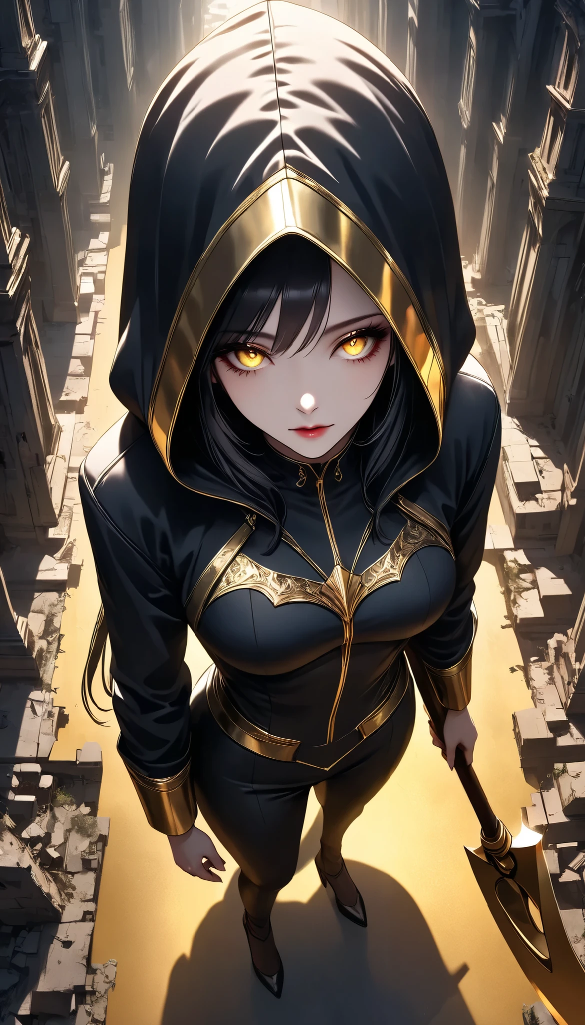 (a woman with hollow eyes, Dynamic immersive portrait composition, Alone, Detailed black robe, (beautiful detailed face, a seductive gaze that can be seen slightly through the hood,Drop Shadow)),Weakness in contrast to, Slender Body, (A huge scythe held in the hand emits a golden glow,Sharp metallic reflections,shining slash), Non-glossy Glitter Effects and Glossy Reflections, Multiple Exposure, break (Transparent golden luminescent layer, assimilates into an abandoned city, The effect of connecting the subject and the demon world), The golden color of the dark that shines in the dark, takes you to the world of Yesen...
Precise and precise full body composition,from above,The perfect golden ratio, excellent balance between subject and margins, perfect beauty down to the smallest detail, Delicate and Vividly Expressed Subjects, sharp and clear line drawing, colorful textures full of realism, Extremely transparent, realistic texture, Finest workmanship,8K high resolution,photographer-style realistic finish,Professional Light and Shadow,brilliant and deep colors,dark gothic atmosphere,