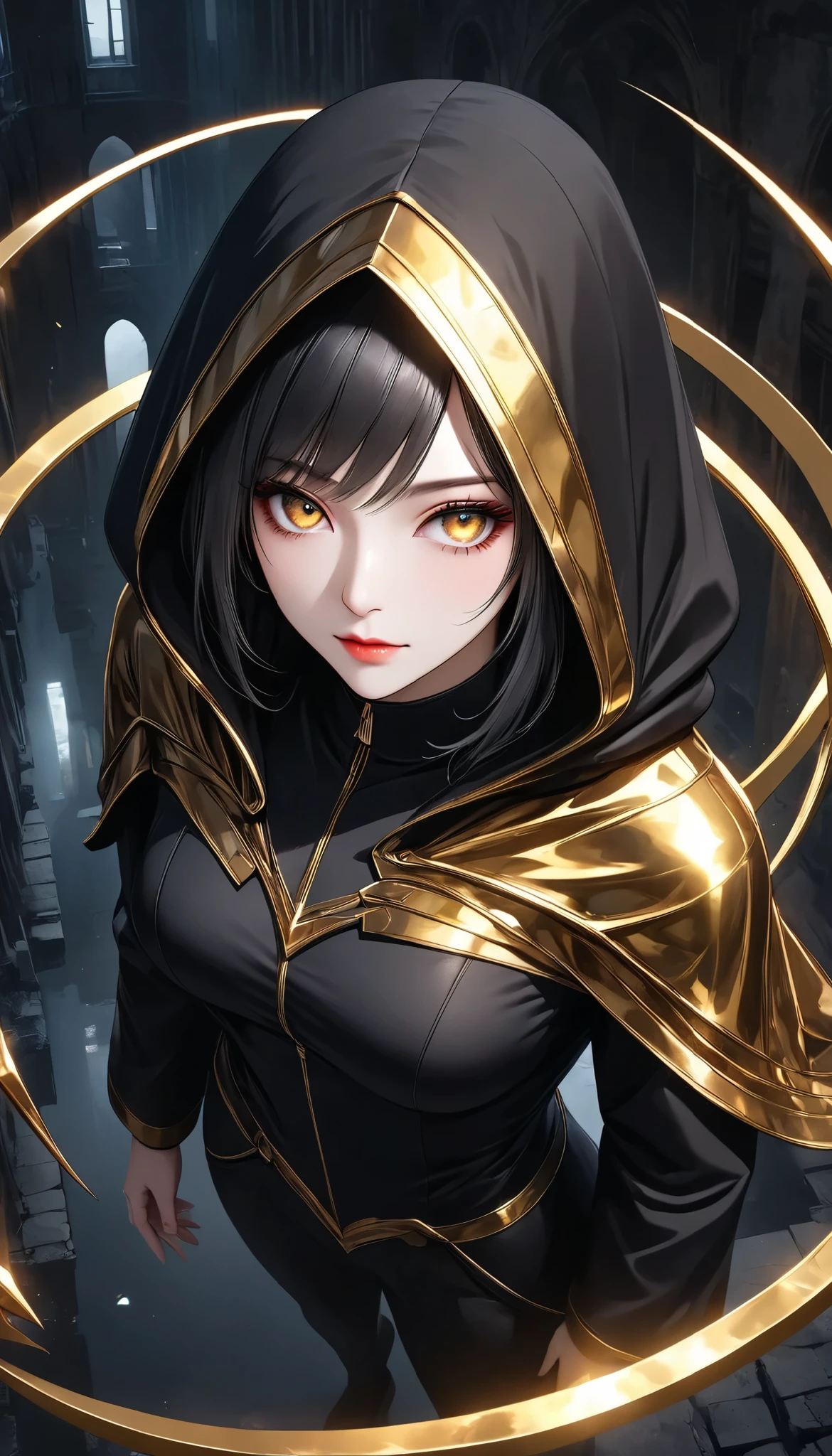 a woman with hollow eyes, Dynamic immersive portrait composition, Alone, Detailed black robe, beautiful detailed face, a seductive gaze that can be seen slightly through the hood,Drop Shadow,Weakness in contrast to, Slender Body, A huge scythe with a golden glow,Sharp metallic reflections,shining slash, Non-glossy Glitter Effects and Glossy Reflections, Multiple Exposure, BREAK A layer that shines in transparent gold, assimilates into an abandoned city, The effect of connecting the subject and the demon world, The golden color of the dark that shines in the dark, takes you to the world of Yesen...
Precise and precise full body composition,from above,The perfect golden ratio, excellent balance between subject and margins, perfect beauty down to the smallest detail, Delicate and Vividly Expressed Subjects, sharp and clear line drawing, colorful textures full of realism, Extremely transparent, realistic texture, Finest workmanship,8K high resolution,photographer-style realistic finish,Professional Light and Shadow,brilliant and deep colors,dark gothic atmosphere,