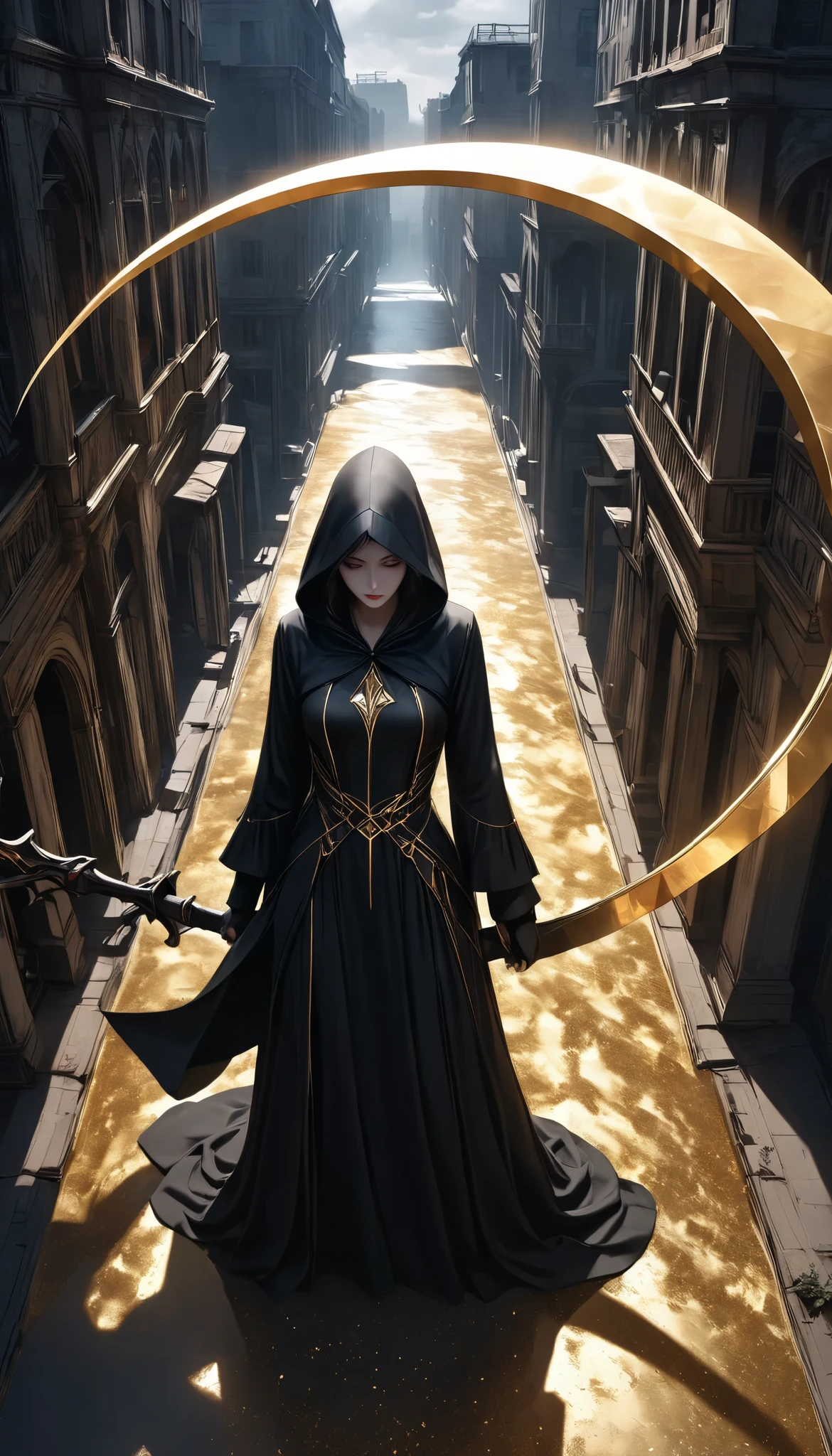 A woman with empty eyes, A dynamic, immersive portrait composition, Alone, Detailed black robe, beautiful detailed face, a seductive gaze that can be seen slightly through the hood,Drop Shadow,Weakness in contrast to, Slender Body, The giant scythe that captures it emits a golden glow, Non-glossy Glitter Effects and Glossy Reflections, Multiple Exposure, BREAK A layer that shines in transparent gold, assimilates into an abandoned city, The effect of connecting the subject and the demon world, The golden color of the dark that shines in the dark, takes you to the world of Yesen...
Precise and precise full body composition,from above,The perfect golden ratio, excellent balance between subject and margins, perfect beauty down to the smallest detail, Delicate and Vividly Expressed Subjects, sharp and clear line drawing, colorful textures full of realism, Extremely transparent, realistic texture, Finest workmanship,8K high resolution,photographer-style realistic finish,Professional Light and Shadow,brilliant and deep colors,dark gothic atmosphere,