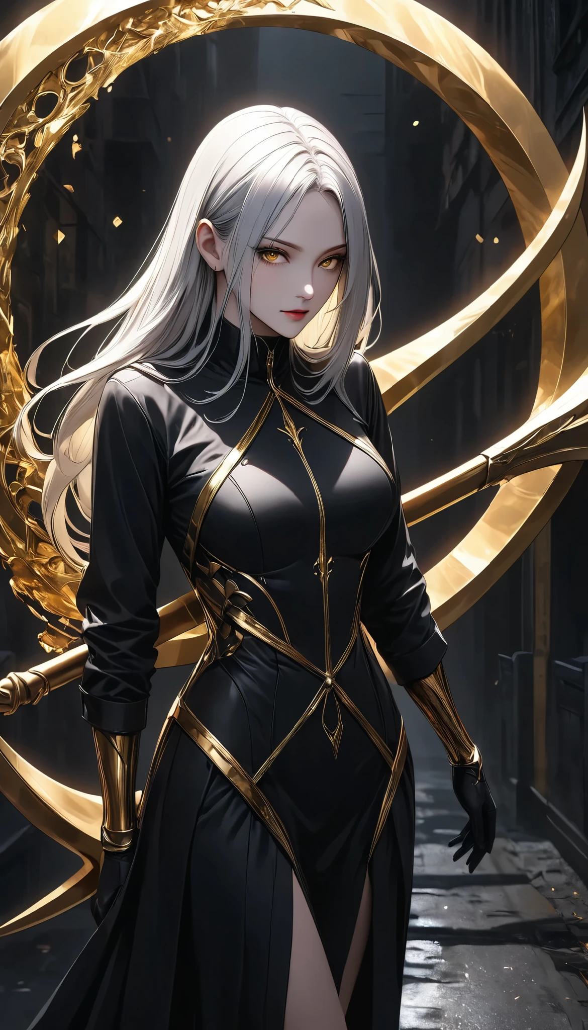 A woman with empty eyes, A dynamic, immersive portrait composition, Alone, Detailed black robe, beautiful detailed face, a seductive gaze that can be seen slightly through the hood,Weakness in contrast to, Slender Body, The giant scythe that captures it emits a golden glow, Non-glossy Glitter Effects and Glossy Reflections, Multiple Exposure, BREAK A layer that shines in transparent gold, assimilates into an abandoned city, The effect of connecting the subject and the demon world, The golden color of the dark that shines in the dark, takes you to the world of Yesen...
Precise and precise full body composition,from above,The perfect golden ratio, excellent balance between subject and margins, perfect beauty down to the smallest detail, Delicate and Vividly Expressed Subjects, sharp and clear line drawing, colorful textures full of realism, Extremely transparent, realistic texture, Finest workmanship,8K high resolution,photographer-style realistic finish,Professional Light and Shadow,brilliant and deep colors,dark gothic atmosphere,