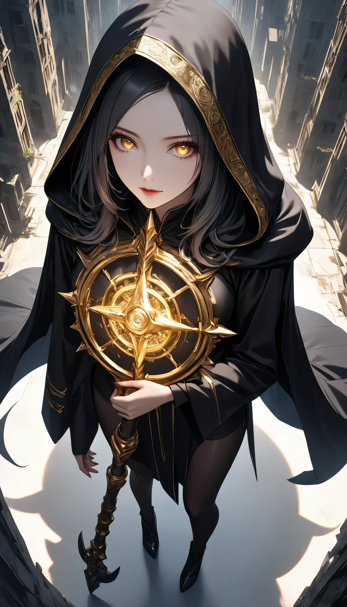a woman with hollow eyes, A dynamic, immersive portrait composition, Alone, Detailed black robe, beautiful detailed face, a seductive gaze that can be seen slightly through the hood,Weakness in contrast to, Slender Body, The giant scythe that captures it emits a golden glow, Non-glossy Glitter Effects and Glossy Reflections, Multiple Exposure, BREAK A layer that shines in transparent gold, assimilates into an abandoned city, The effect of connecting the subject and the demon world, The golden color of the dark that shines in the dark, takes you to the world of Yesen...
Precise and precise full body composition,from above,The perfect golden ratio, excellent balance between subject and margins, perfect beauty down to the smallest detail, Delicate and Vividly Expressed Subjects, sharp and clear line drawing, colorful textures full of realism, Extremely transparent, realistic texture, Finest workmanship,8K high resolution,photographer-style realistic finish,Professional Light and Shadow,brilliant and deep colors,dark gothic atmosphere,