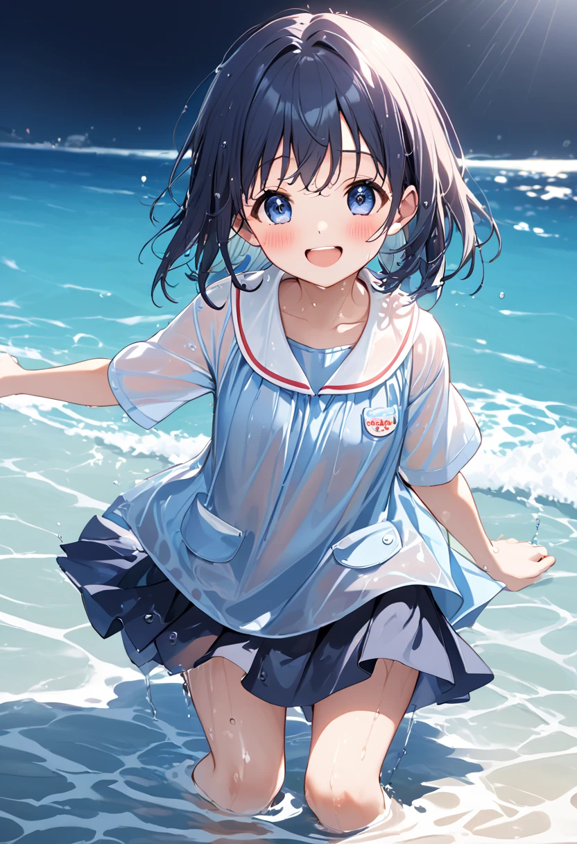 score_9, score_8_up, score_7_up, source_アニメ, masterpiece, 1girl, watahana, blue eyes, hair ornament, hair flower, school outfit, blue dress, sailor dress, white sailor collar, red bow, outdoor, school yard, field, cowboy shot, looking at viewer, indoors, open mouth, Black Hair、Shiny Hair, Highest quality、A girl is enjoying playing in the water、A splash goes up、Skirt fully open、Long wide skirt、cute、White underwear、blush、Watery eye、Lots of water、Wet、((Wind power increase))、The skirt floats on the water、(drowning water)、(Underwater Shot Of The Swimming pool)、sunlight reflects on the water surface, Make it sparkle、Her smile grows even more。With the soothing sound of the waves、Summer fun unfolds。The scene was、Beautiful as a picture。