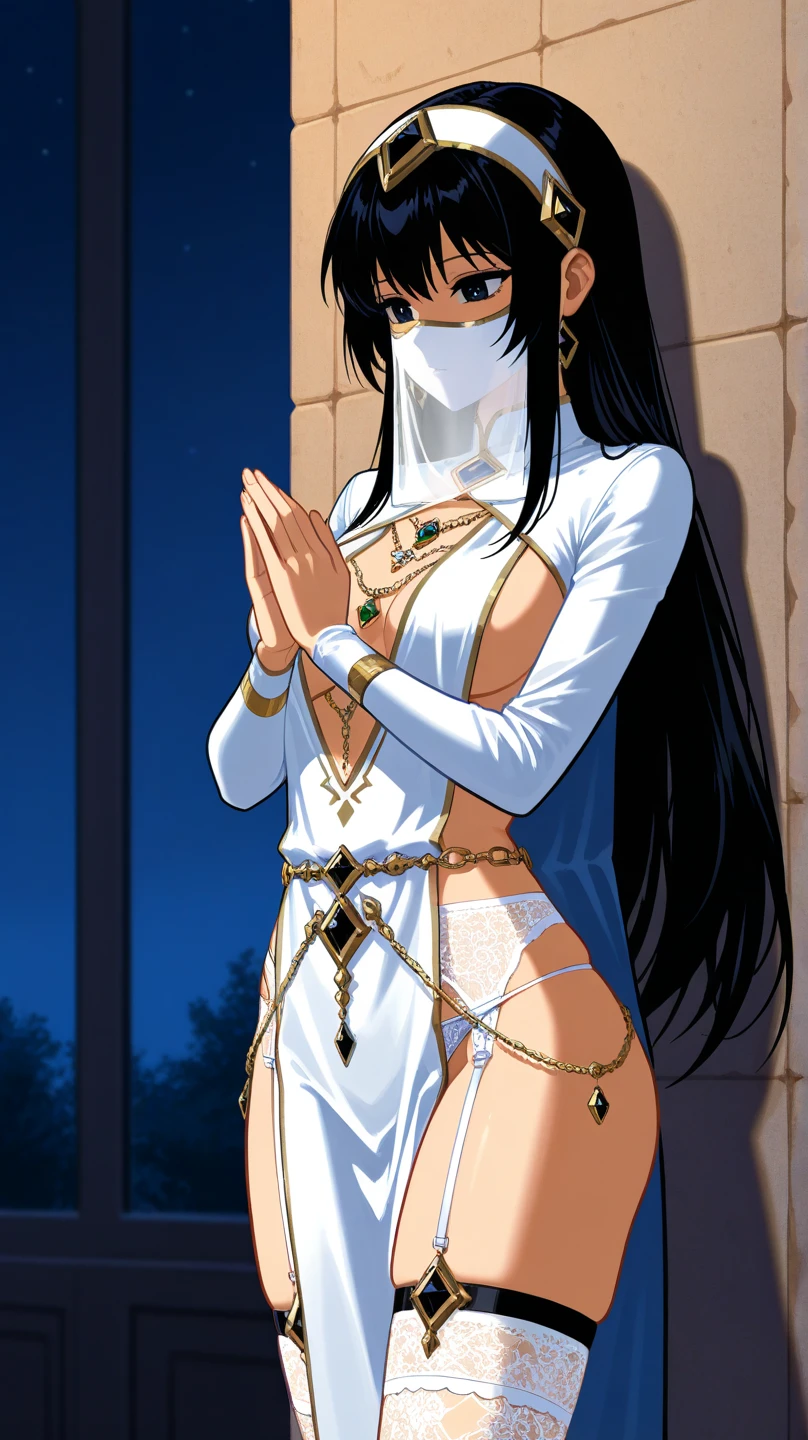 (1 feminine boy 20 years old solo:1.4),(flat chest),(dark skin:1.5), (masterpiece:1.2), highest quality, High resolution, unity 8k wallpaper, ( (perfect hands, perfect anatomy), 20 years old, (black hair:1.3), detailed eyes, best quality, extremely detailed, very precise detailed, (glasses:1.4), (blunt bangs:1.3), (open mouth:1.2), (middle hair:1.5), (evil smile:1.4), , (half closed eyes:1.3) ,long sidelocks, (blush:1.3),(kneeling:1.3),(Put left knee in front:1.5),(arabian clothes:1.5),,(See-through harem pants:1.6),(See-through white veil:1.3),