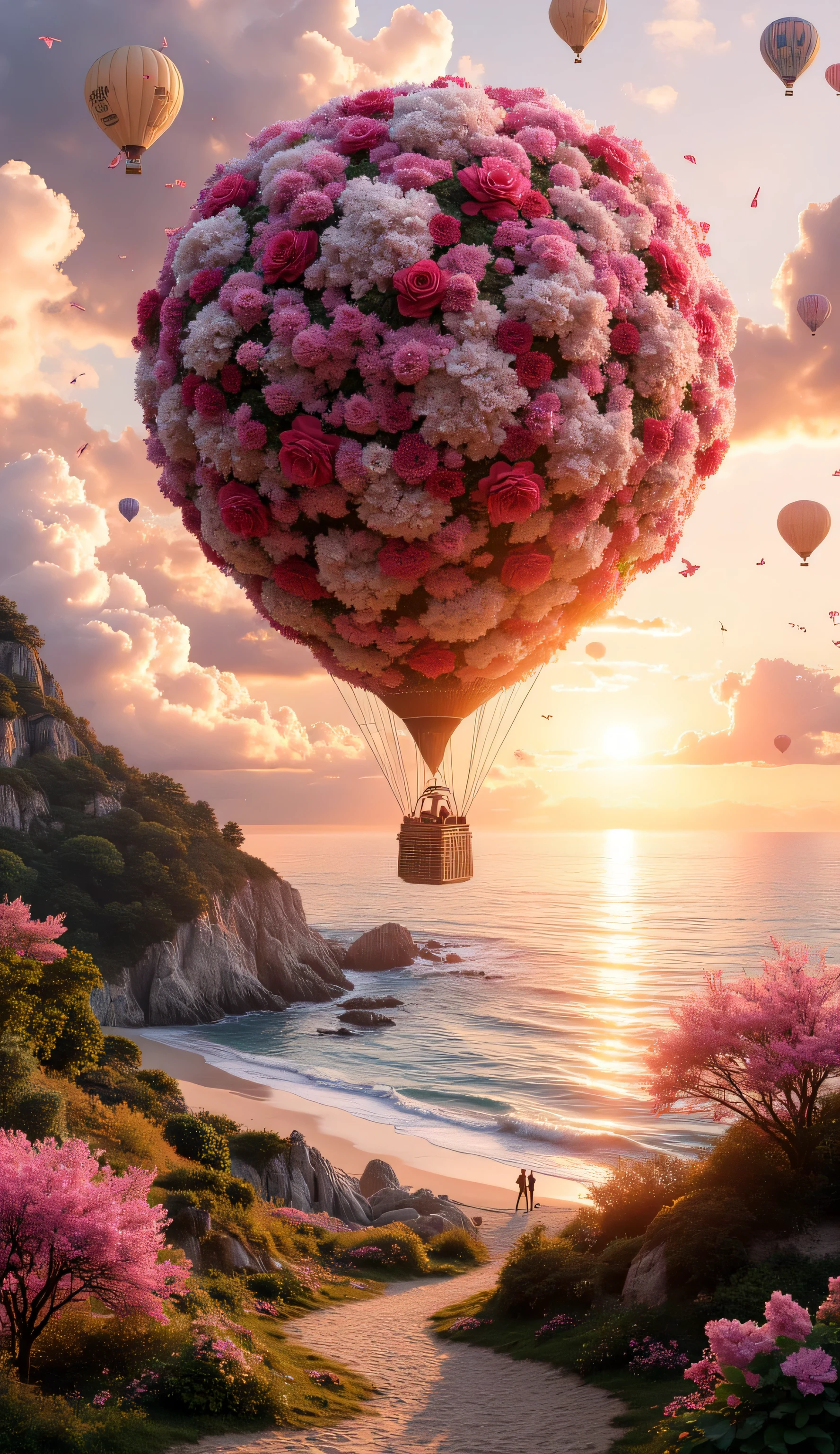 breathtaking, ultra-realistic fantasy scene of a tropical coastline at sunset. The golden sun casts warm, diffused light over the ocean, creating a mesmerizing gradient of orange, pink, and soft lavender hues in the sky. The sun’s reflection shimmers on the gentle waves, adding depth and serenity to the scene. Fluffy clouds, tinted with shades of gold and peach, float above the tranquil waters.

A magnificent hot air balloon dominates the sky, its envelope completely covered in an intricate arrangement of blooming flowers. The dense floral surface features a mix of deep red roses, soft pink gerbera daisies, and delicate white blossoms, creating a stunningly textured and vibrant effect. Loose petals drift through the air, carried by the soft evening breeze. Suspended below the floral masterpiece, a finely woven wicker basket floats gracefully, blending warmth and rustic charm.

Below, the coastline is adorned with lush greenery and vivid pink flowers cascading over rocky cliffs. A winding wooden path snakes through the landscape, leading toward the secluded beach. The sandy shore is pristine, touched by gentle ocean waves that leave behind a soft, foamy trail. Tiny silhouettes of people stroll leisurely, adding a sense of scale and peacefulness to the composition.

In the distance, multiple hot air balloons of various sizes and colors drift across the sky, each reflecting the soft glow of the setting sun. Their warm earthy tones, ranging from beige to muted orange, complement the overall dreamlike atmosphere. The composition is balanced, with the floral balloon as the centerpiece, guiding the eye toward the horizon where the sky meets the ocean in a seamless blend of colors.

📸 Composition: cinematic and immersive, with a perfect balance between foreground, midground, and background.
💡 Lighting: warm and golden, enhancing textures and depth with soft, natural shadows.
🌊 Mood: tranquil, dreamy, and romantic—a picturesque escape into a surreal, floral-filled paradis