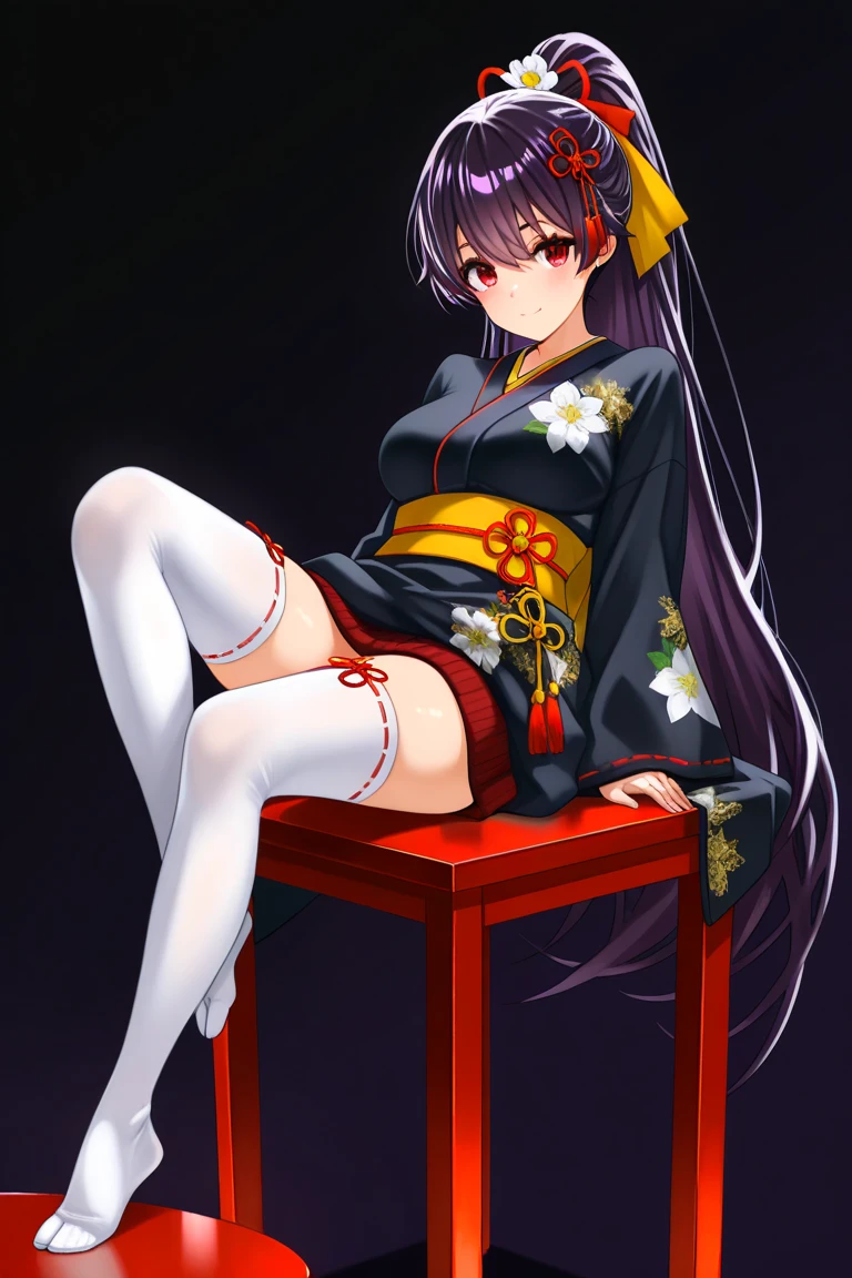 (best quality,ultra-detailed),(realistic:1.37),portraits,beautiful detailed eyes,beautiful detailed lips,extremely detailed eyes and face,longeyelashes,long black hair tied in high ponytail,massive forehead,large reddish violet,see-through clothes,vivid colors,studio lighting,high ponytail,parted bangs,red and white kimono, loose kimono that falls down to her shoulders and reveals her shoulders