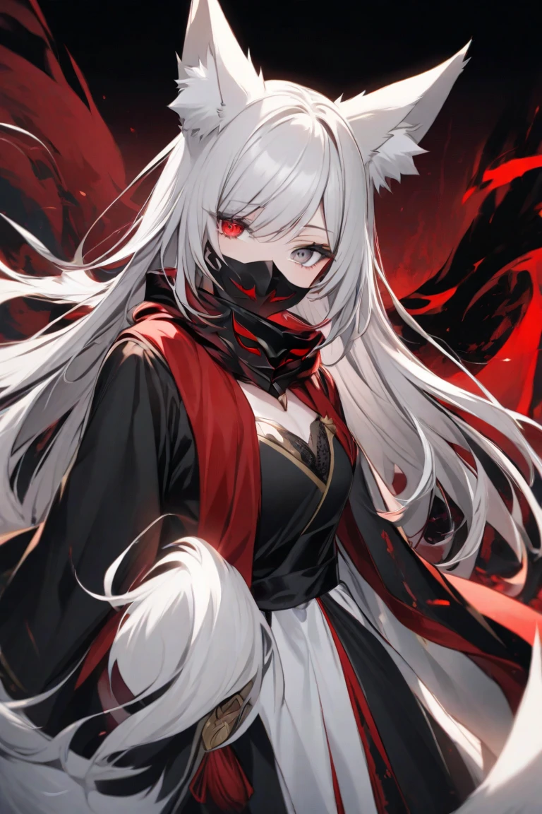 One woman, masterpiece, best quality, fair skin, white hair, long hair, snake eyes, red pupils, snake, black kosode, black scales, wearing a red obi, anime, black background