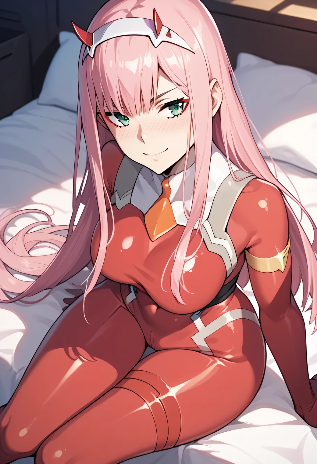 zero two, zero two \(darling in the franxx\), green eyes, hairband, horns, long hair, pink hair, red horns, white hairband, red bodysuit, in her red bodysuit, looking at viewer, nose blush, large breasts, sitting, on bed,