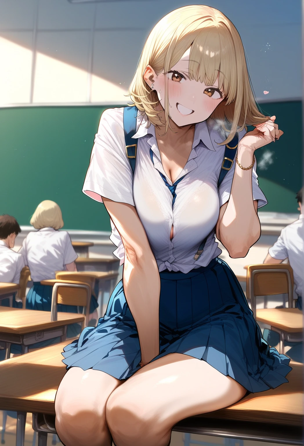 、(masterpiece、Highest quality)、Highest quality, Ultra-high resolution, (((masterpiece))), alone, Sweat、Big eyes, Composition from the front、Shortcuts、Embarrassed face、Blonde Hair、Cut your hair short、School classroom、Sailor suit、skirt、short hair、Browsing Caution、Upper body naked、Breasts exposed、Nipples、Large areola、Sitting in a chair without a backrest、Internal Medicine Examination、Woman showing her body、belly button、真Composition from the front、School Insurance Office、curtain、cubicle、window、door、Fluorescent lamp