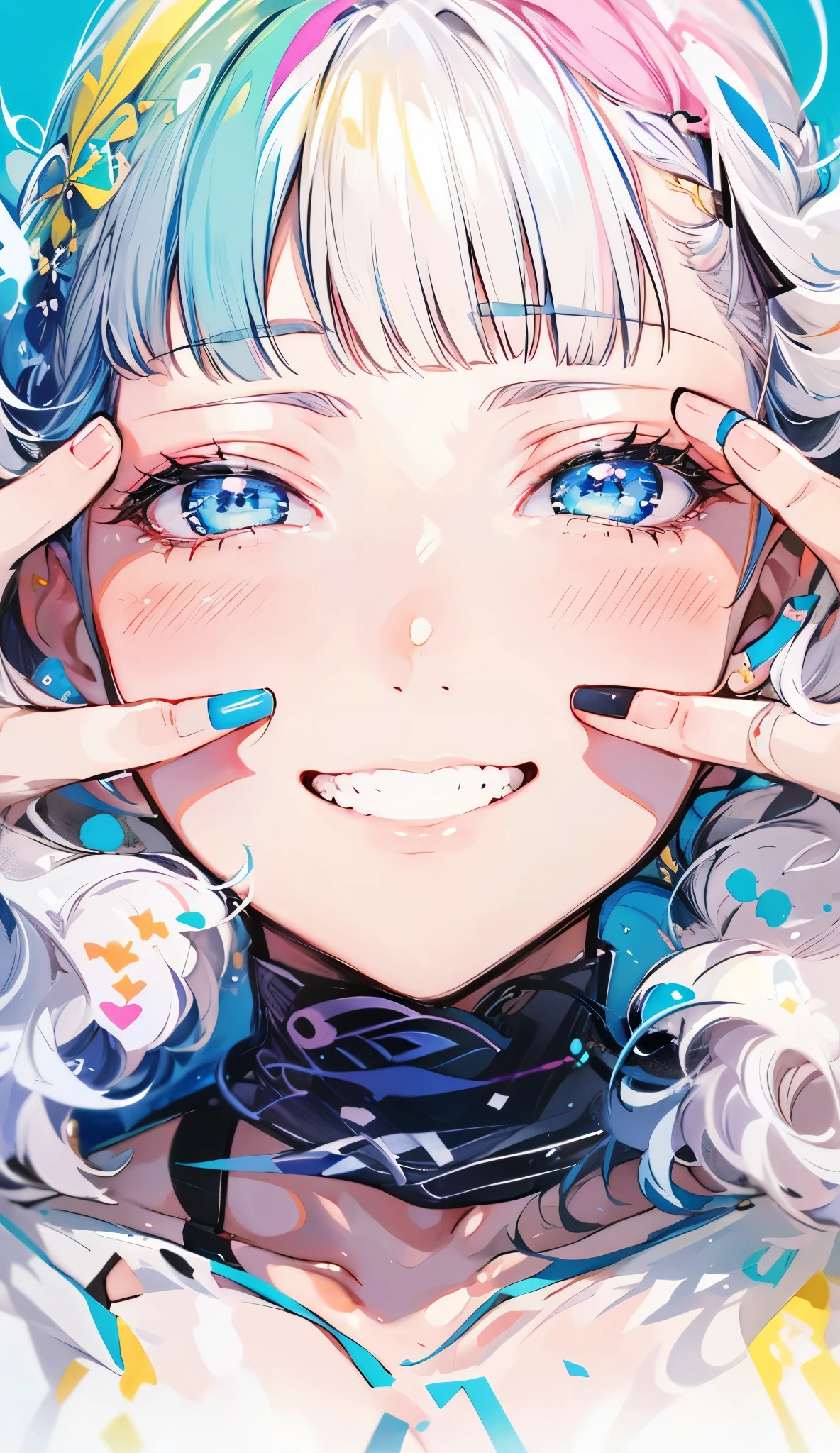 girl smiling sadly、presas pontudas, cabelo com coque duplo, Why don't you understand、Transparency、pastel colors、watercolor、1 girl、beautiful face、cute、 cute、full body、profile、Ocean Background、 soap bubbles、white hair、 light blue gradient hair、light blue eyes、droopy eyes、eyelash、 white camisole that floats above the sea、pink cheeks、small lips、pink lips、 from afar、jaqueta, brincos, colar